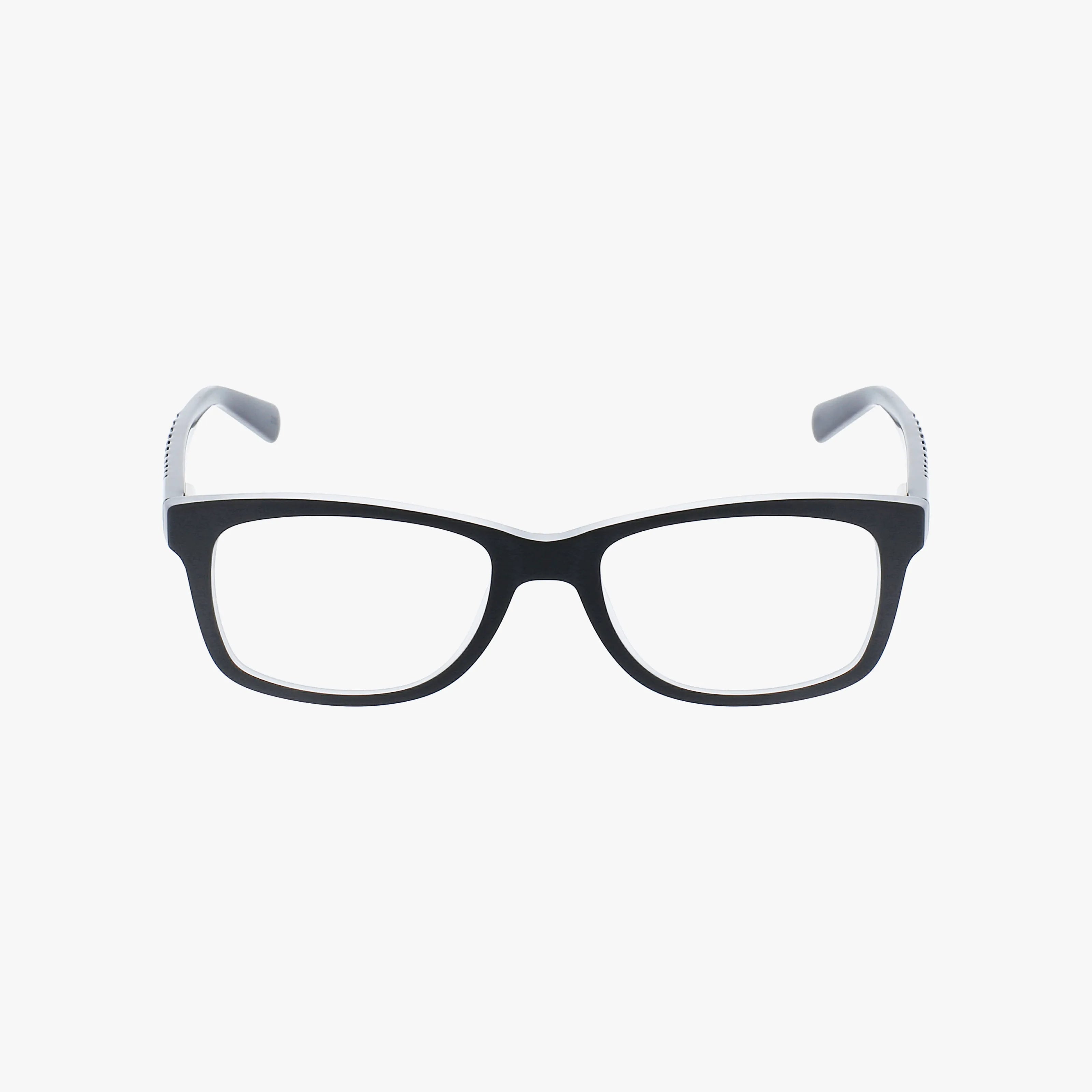 The NIKE 5509 by NIKE features black rectangular frames with clear prescription lenses, displayed on a plain white background.