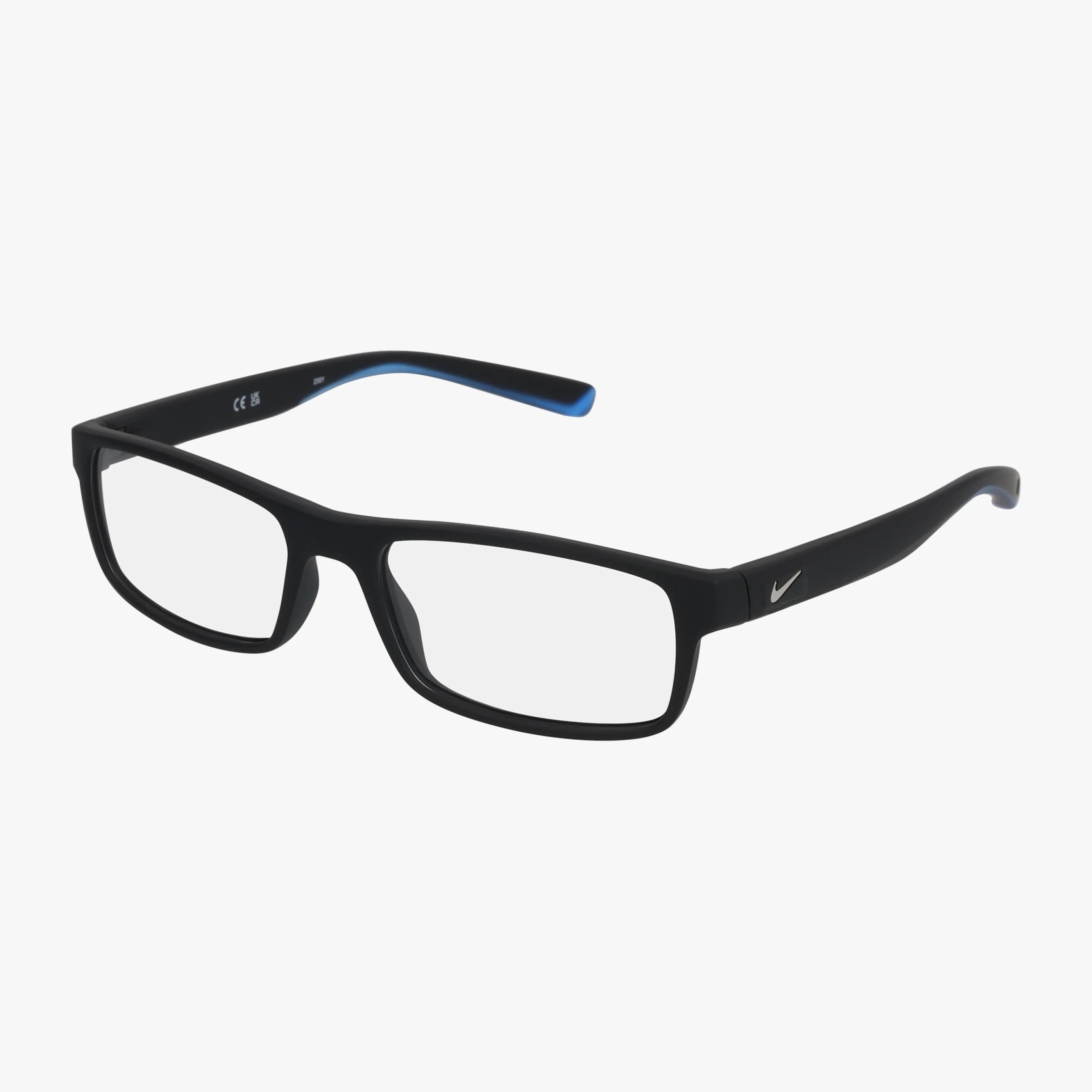 Rectangular black NIKE 7090 eyeglasses with subtle blue inner arm accents and a white NIKE logo on the temple—crafted to highlight strength and resilience in your style.