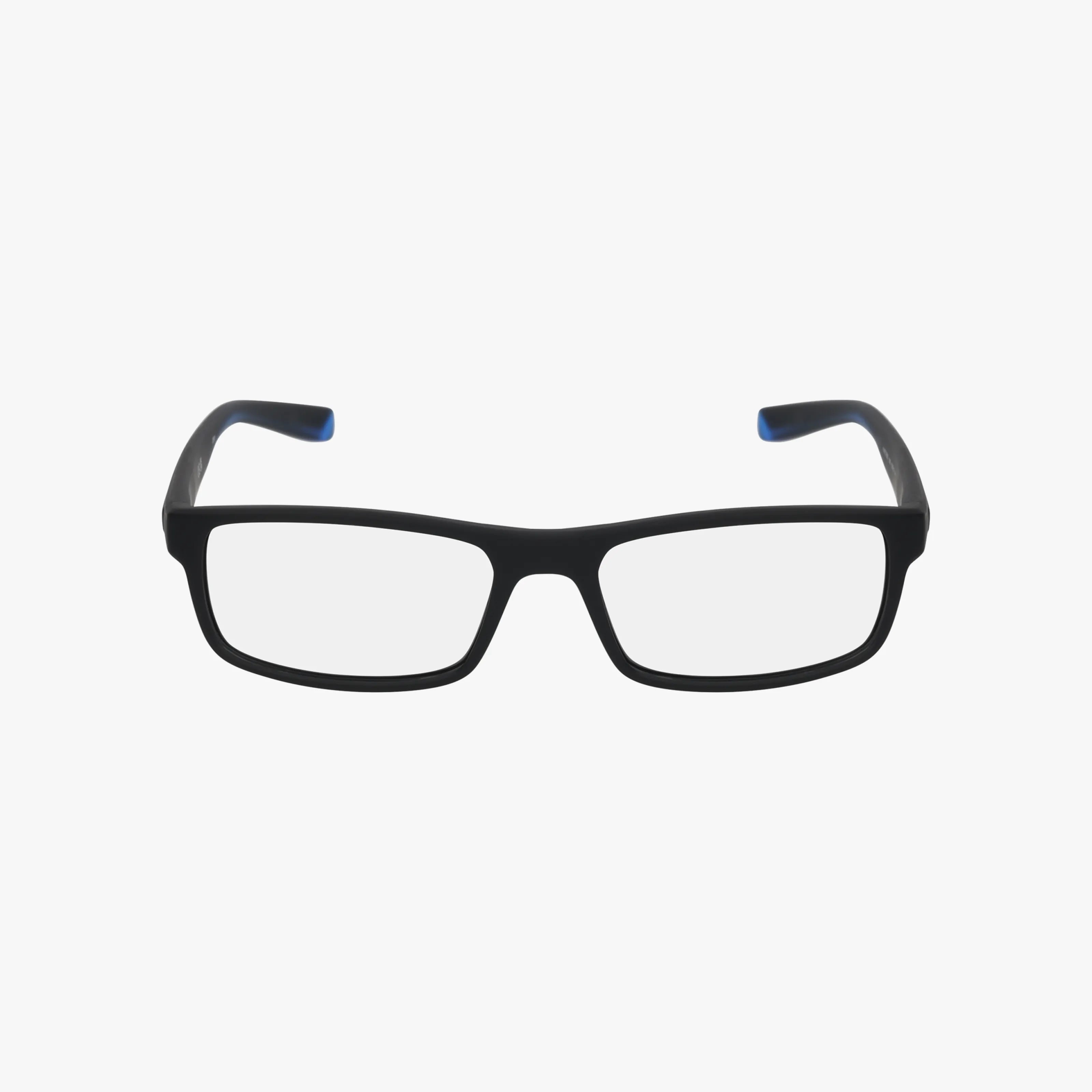The NIKE 7090 eyeglasses by NIKE feature a black rectangular frame and gently curved arms, accented with small blue tips—a subtle touch that highlights strength and resilience. Displayed against a plain white background.