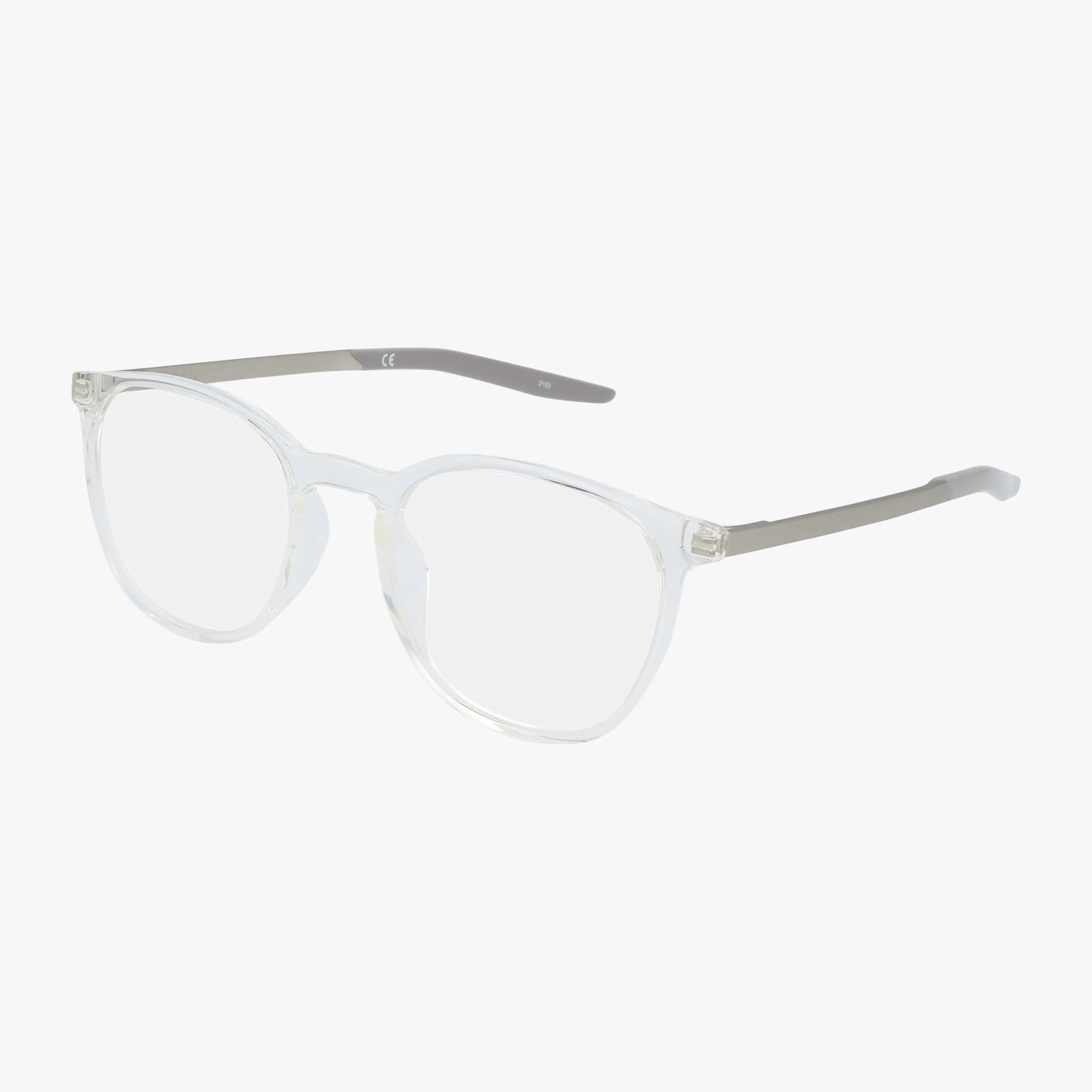 The NIKE 7280 features clear round lenses, transparent plastic frames, and gray temples. These eyeglasses support personalized lens options, are perfect for vision insurance users, and are shown on a plain white background.