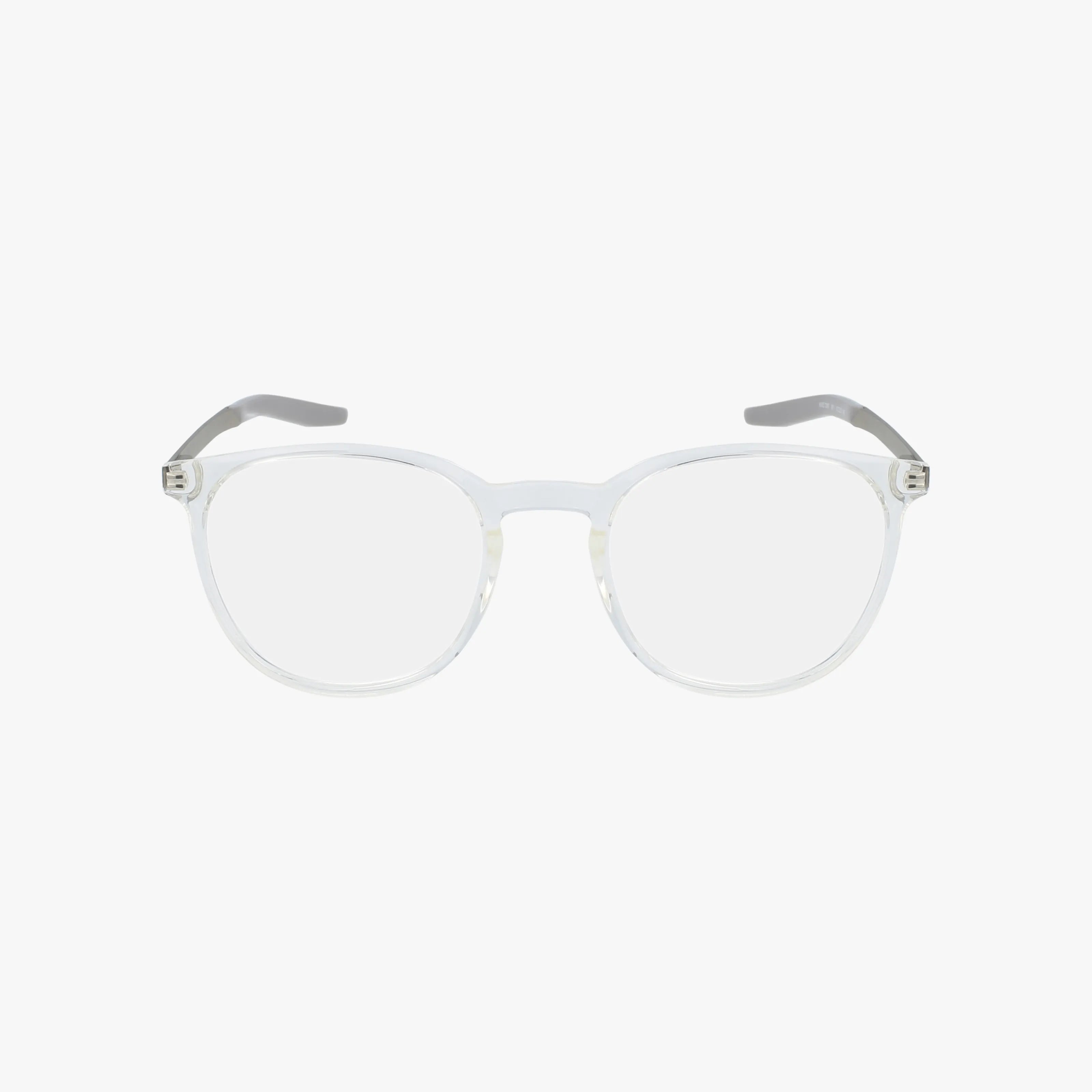 NIKE 7280 eyeglasses by NIKE feature round, transparent frames and straight dark temples, displayed on a white background—ideal for adding your prescription lenses with vision insurance.