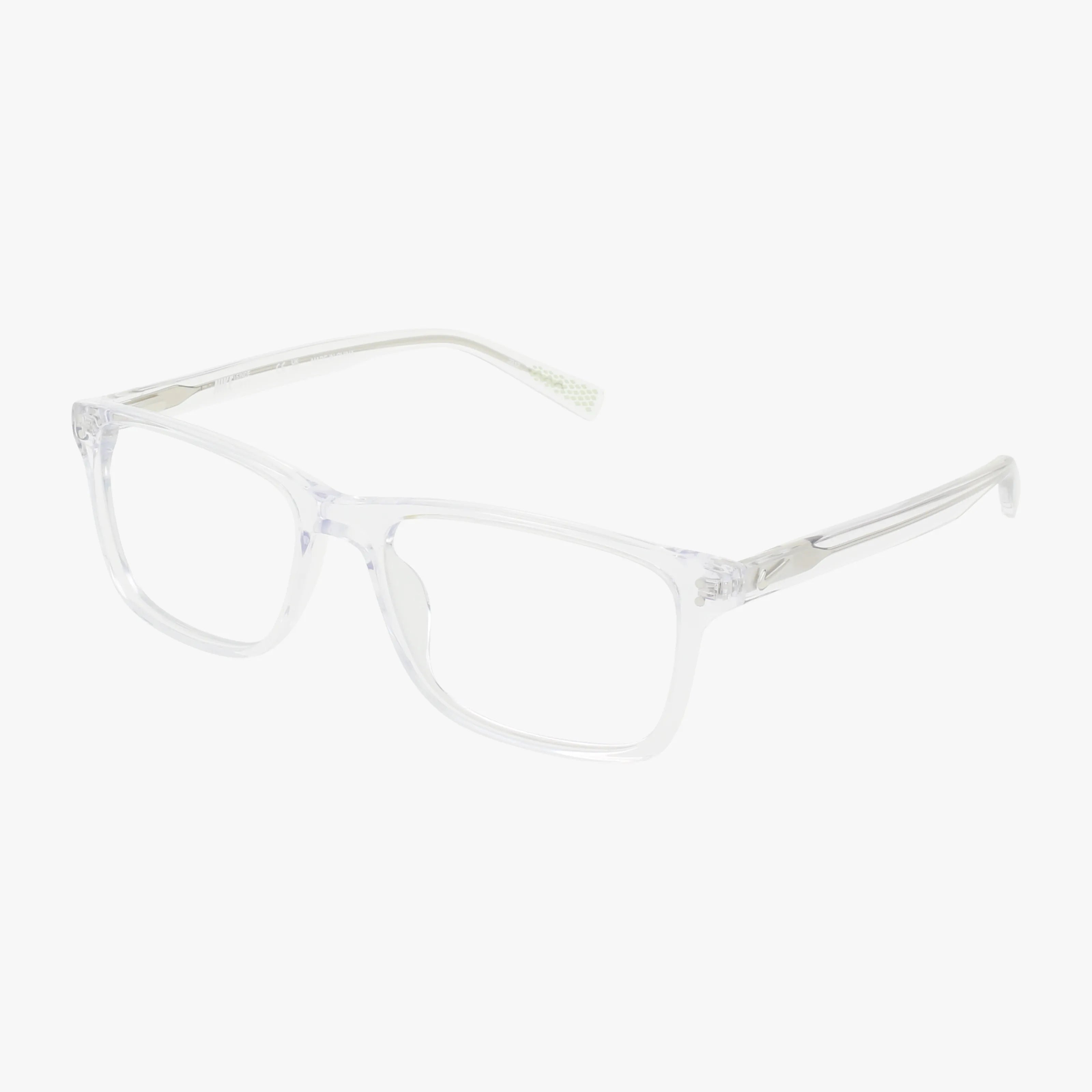 NIKE 7246 clear rectangular eyeglasses by NIKE, featuring transparent frames and see-through arms, are displayed on a white background—a modern update on vintage style.