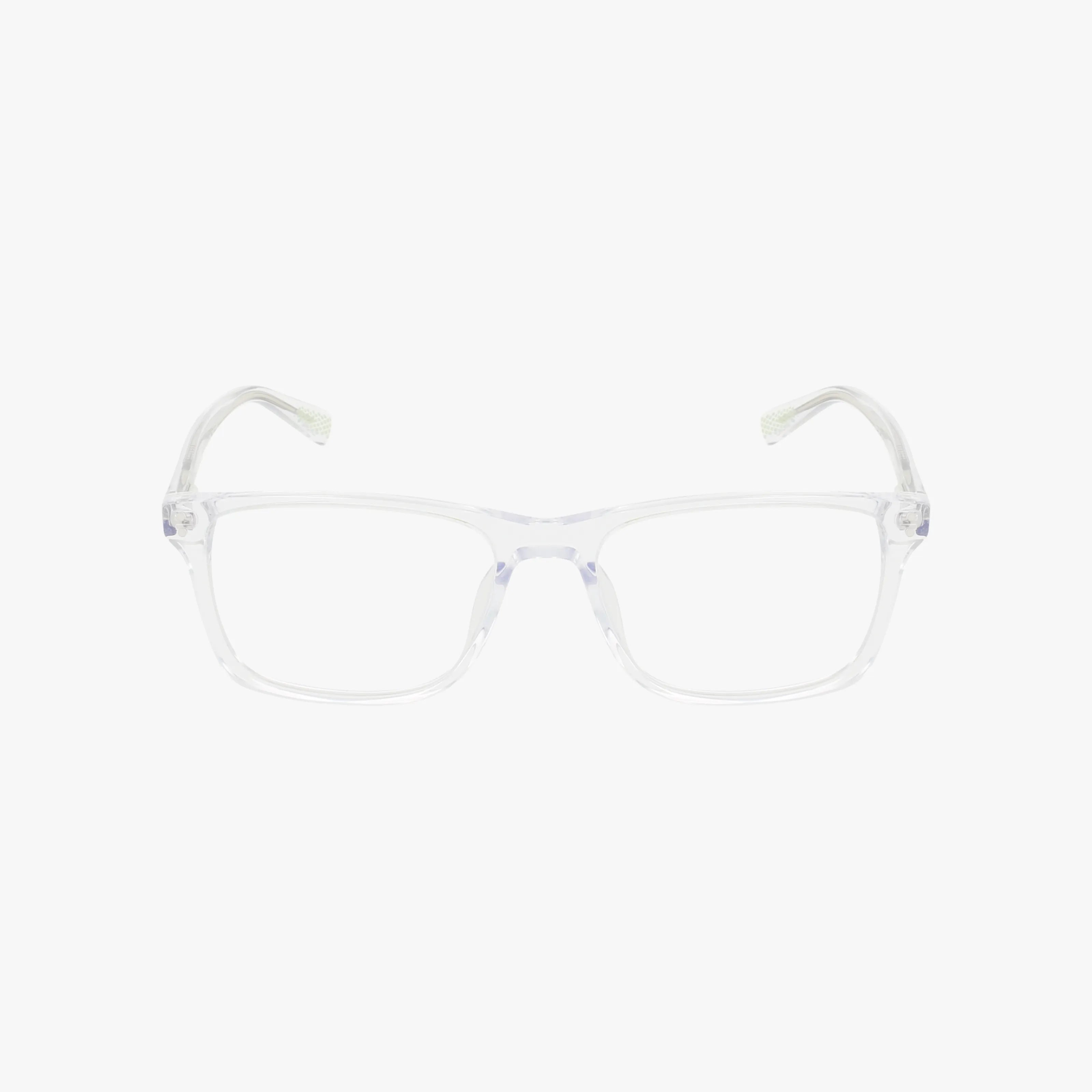 The NIKE 7246 by NIKE features clear, rectangular transparent eyeglasses with gently curved arms for a vintage look, elegantly displayed on a white background.