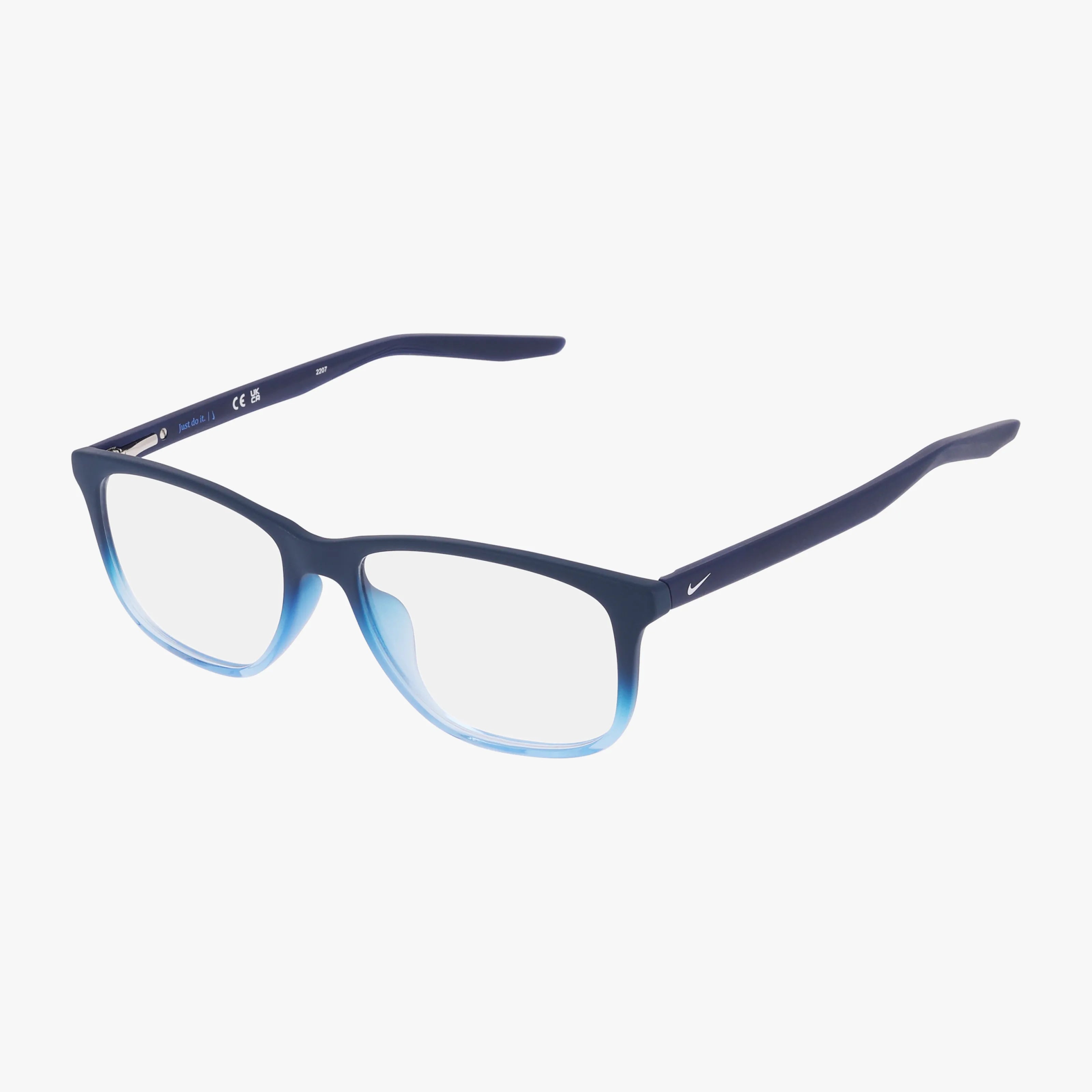 The NIKE 5019 eyeglasses feature a polished dark-to-light blue rectangular frame with slim, dark blue temples accented by a white Nike logo—ideal for Transitions lenses.