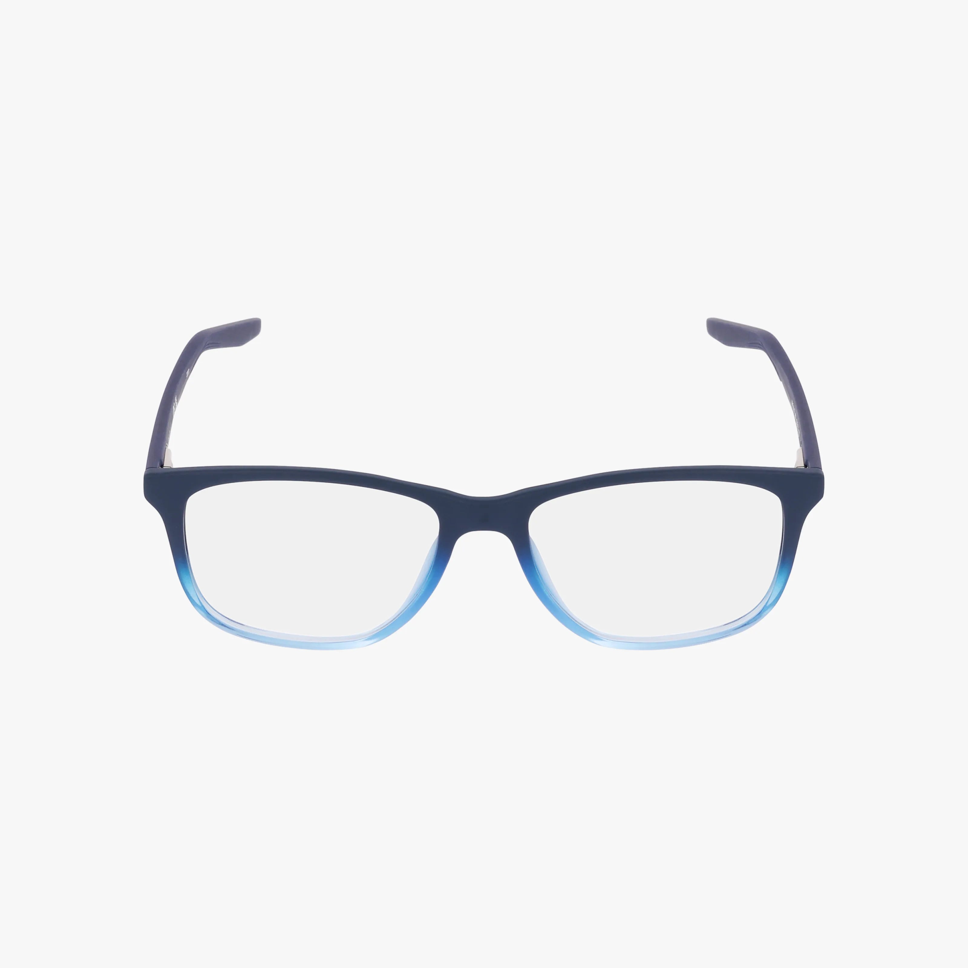 NIKE 5019 rectangular eyeglasses by NIKE, featuring a polished black-to-blue gradient frame and Transitions lenses, shown on a plain white background.