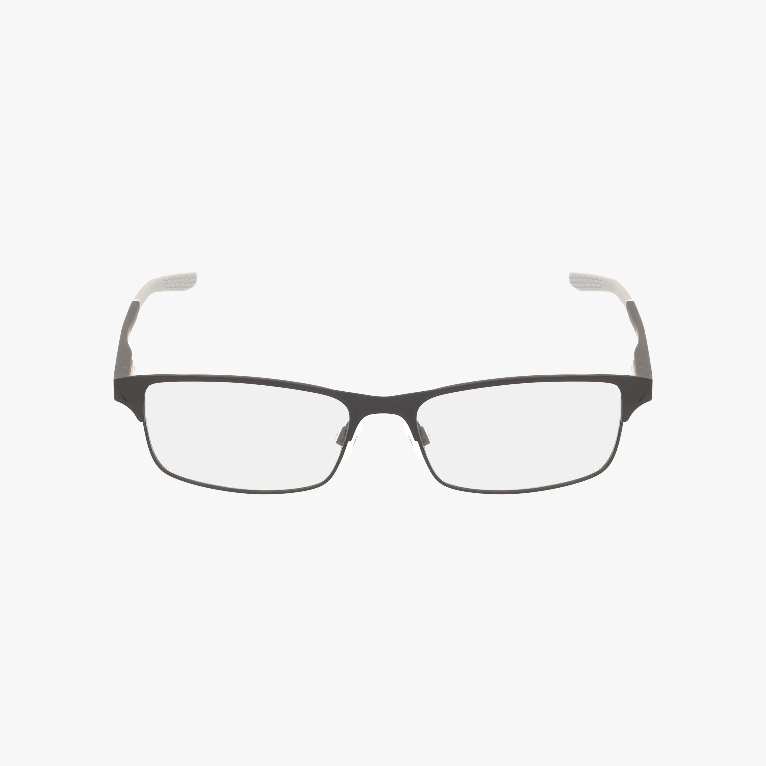 The Nike NIKE 8046 features rectangular black-rimmed eyeglasses with clear blue light lenses and white temple tip accents, designed for everyday wear and shown on a white background.