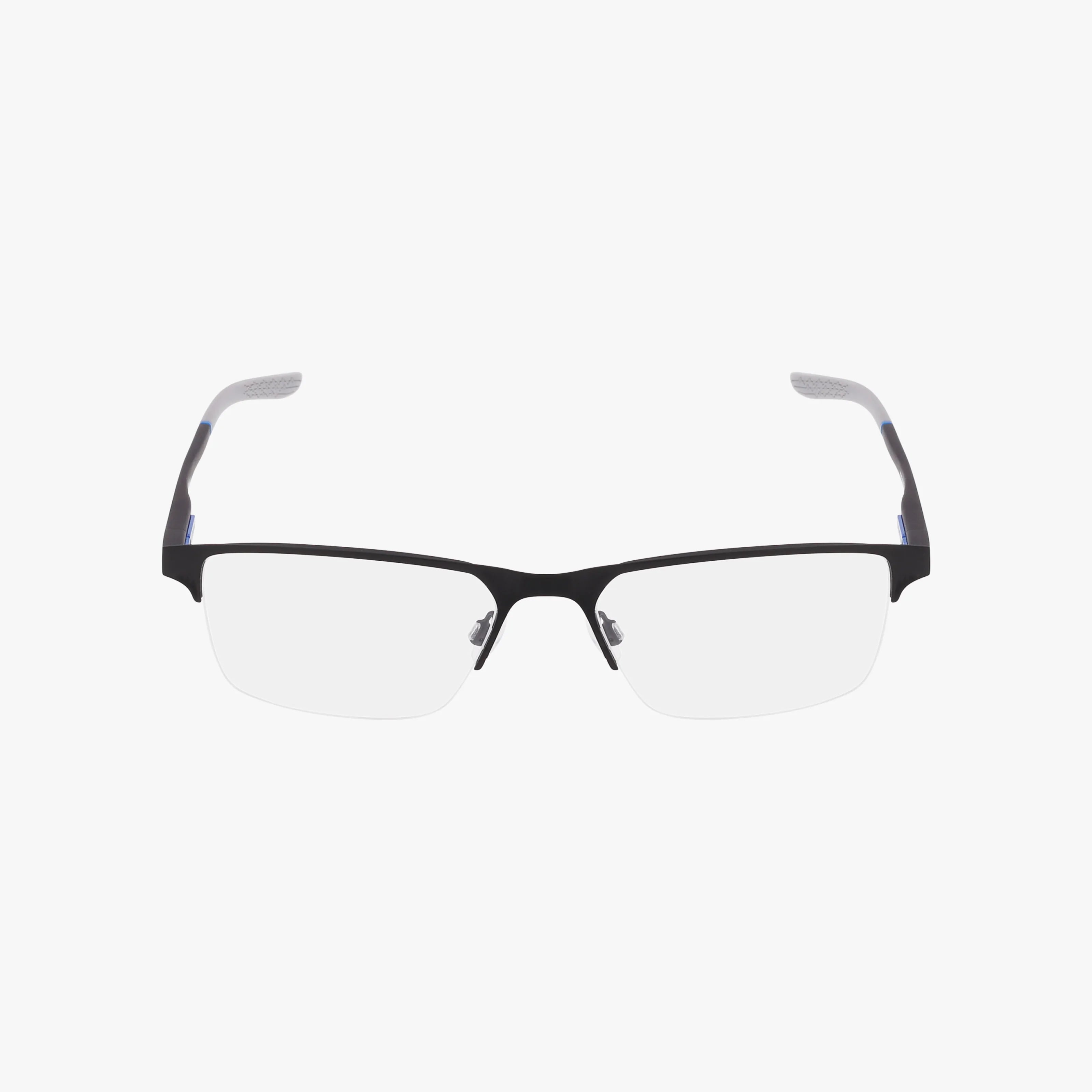 The NIKE 8045 by NIKE is a pair of black, semi-rimless eyeglasses featuring a lightweight frame and clear lenses, shown from the front against a plain white background.