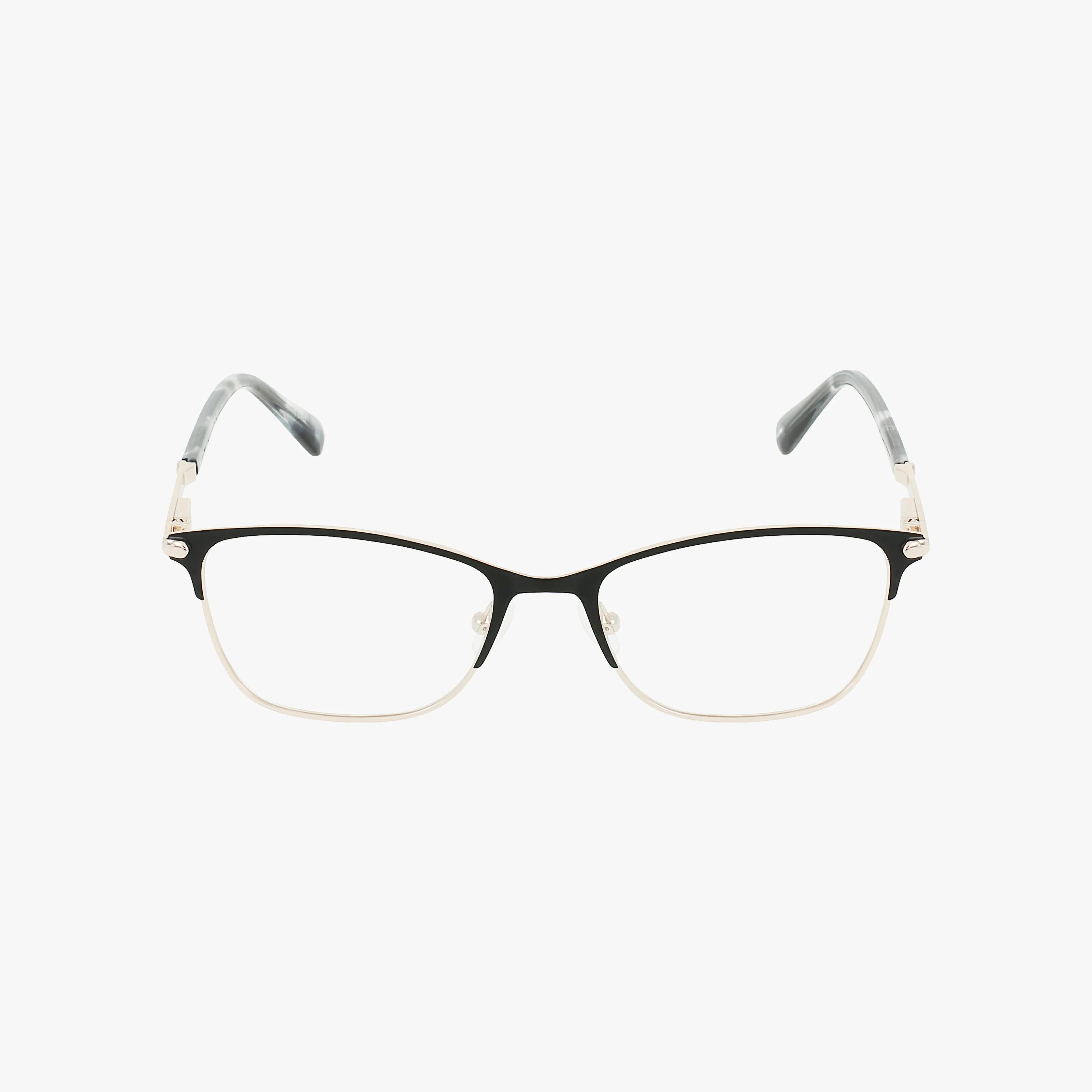 The Nine West NW8013N eyeglasses feature a thin black upper frame, metallic lower rim, clear lenses, and temples with dark tips, all set against a white background. Add sharp sophistication to your look with this stylish Nine West design.