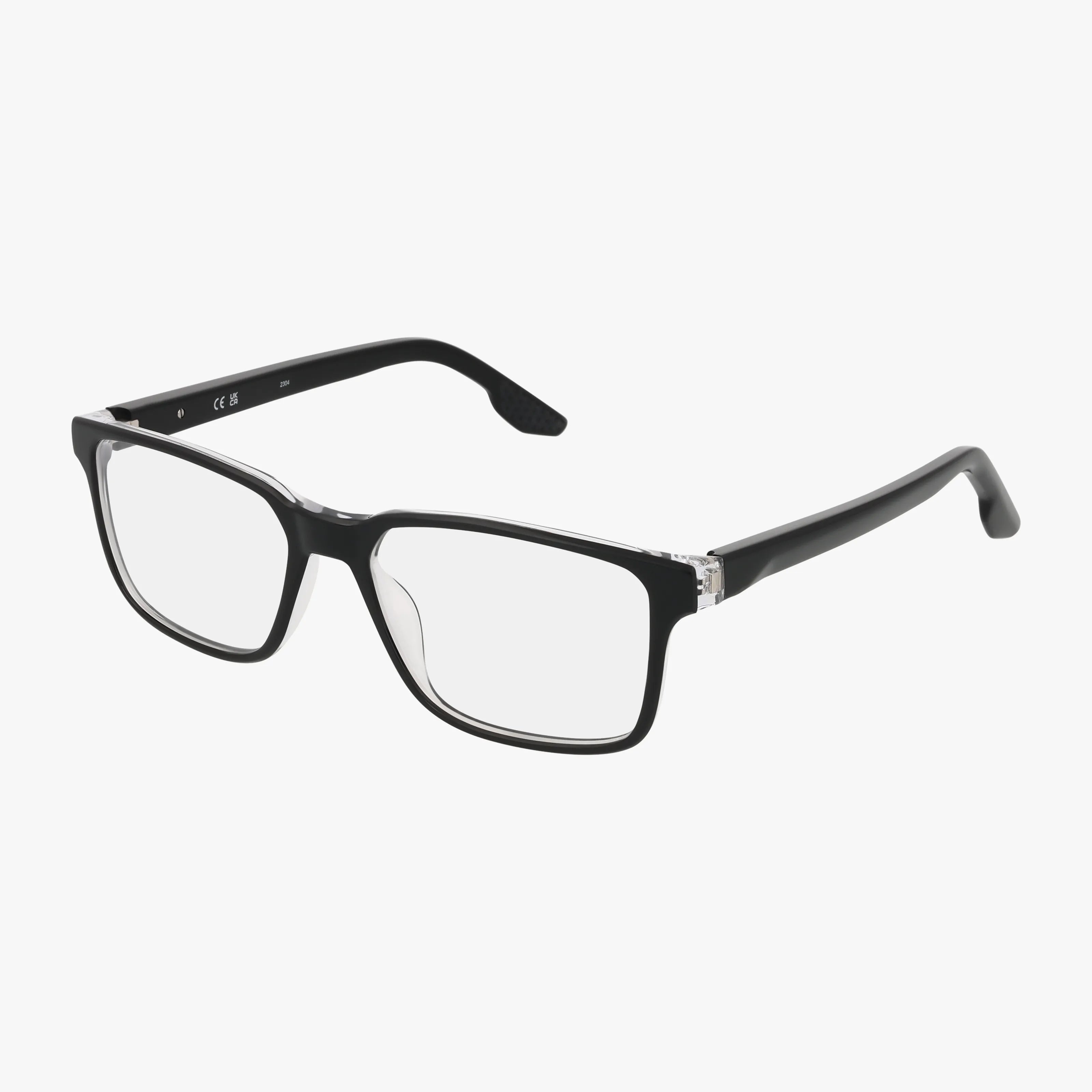 The NIKE 7160 eyewear by Nike features thick, black clear rectangular frames with clear lenses and slightly curved temples, combining style and everyday performance. Shown on a white background.