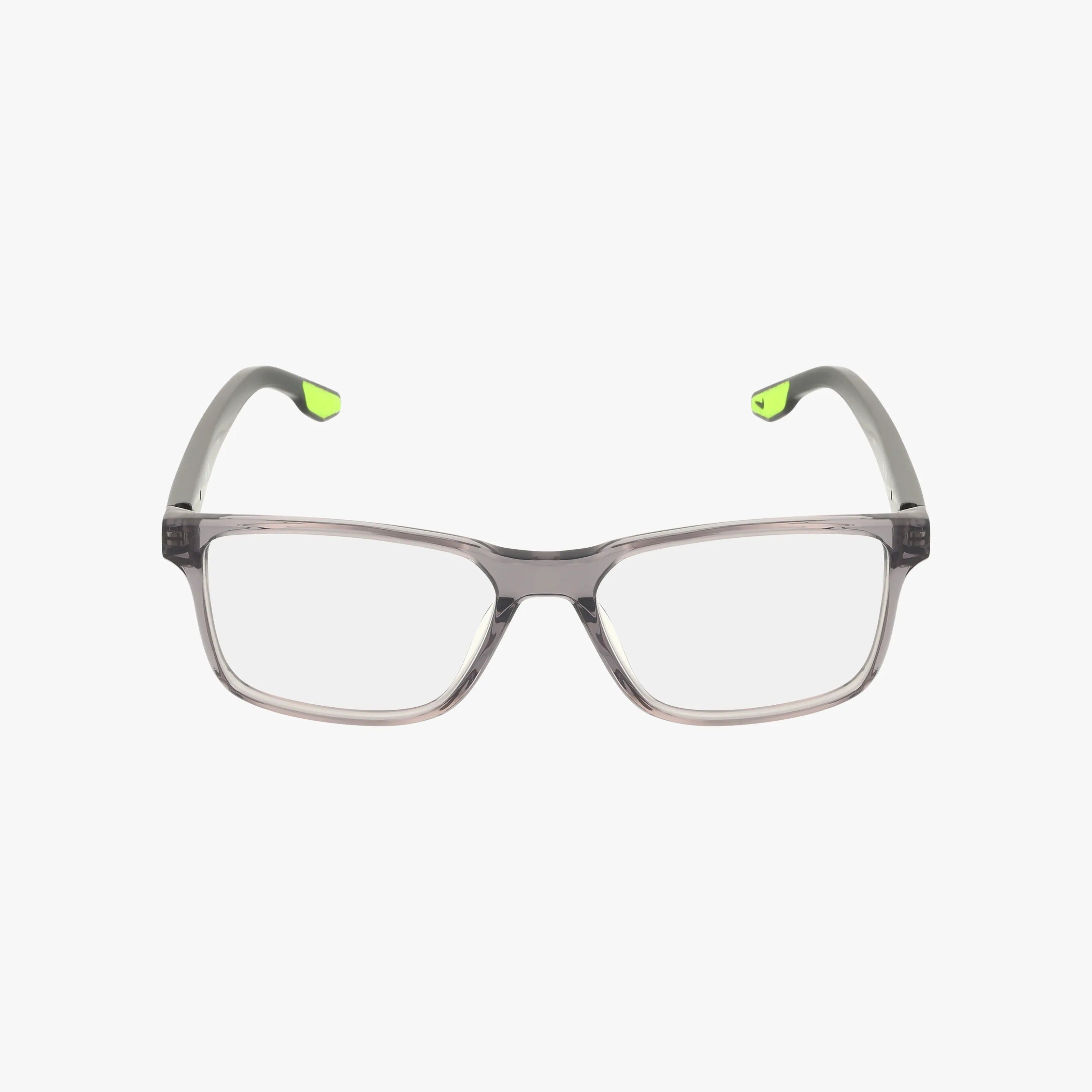 Nike 7160 eyewear features clear, rectangular gray frames with translucent temples and neon green tip accents, shown on a plain white background—perfect for everyday style and performance.