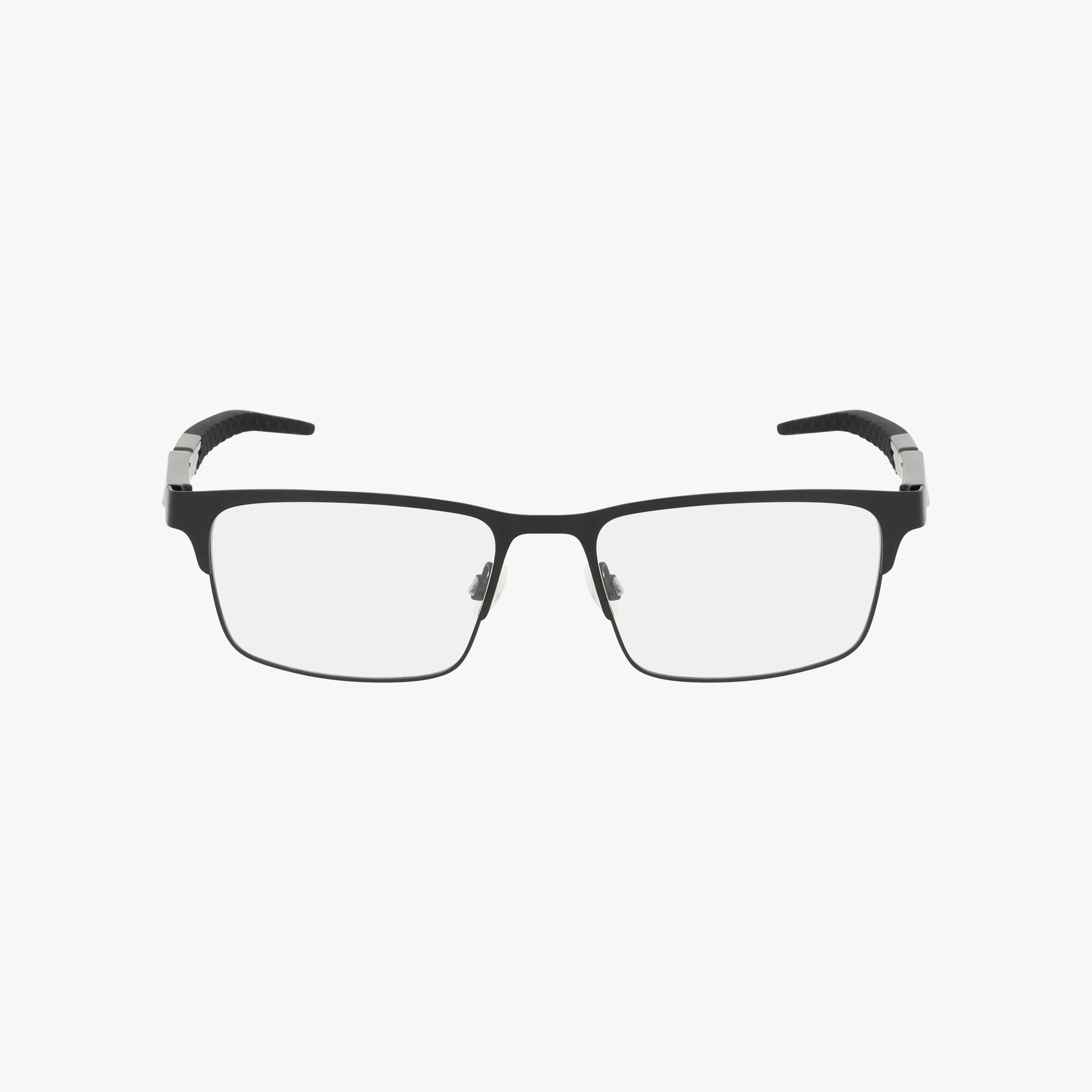 Black rectangular Nike 8154N eyewear with clear lenses, a sleek metal frame, and textured dark arms, displayed on a plain white background.