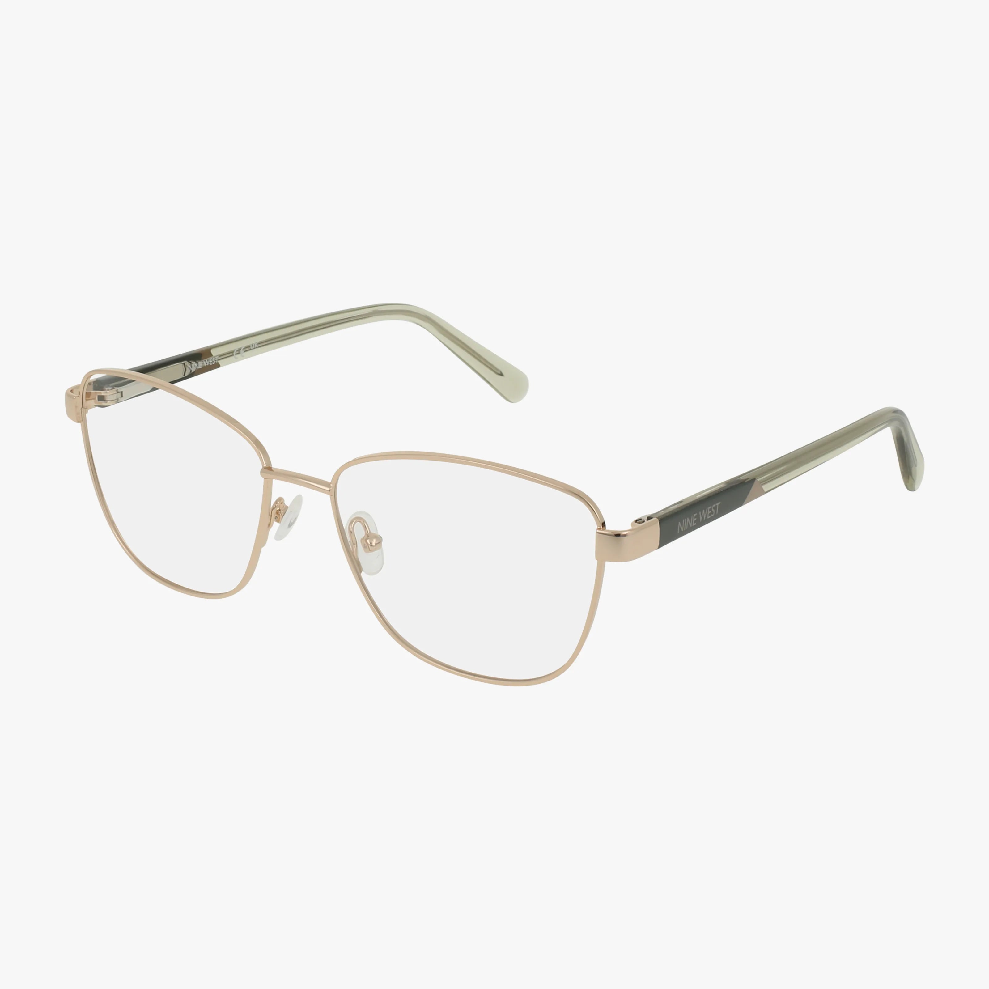 The Nine West NW8020 eyeglasses feature gold cat-eye frames with clear lenses and translucent greenish temple arms. Their lightweight, durable design ensures comfort. Shown on a white background.