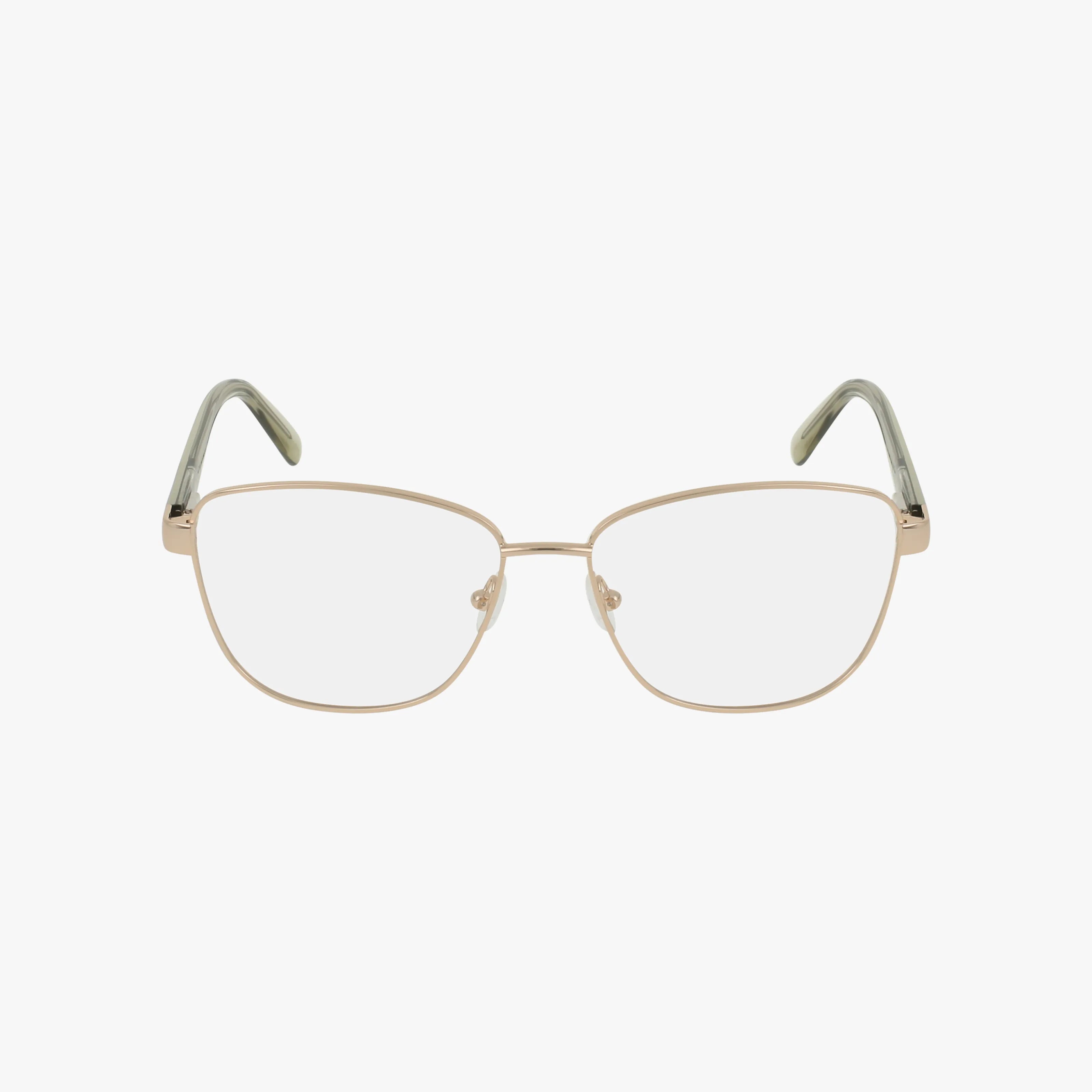 The Nine West NW8020 eyeglasses feature gold metal rectangular frames with clear lenses and green-tipped arms, shown against a plain white background.
