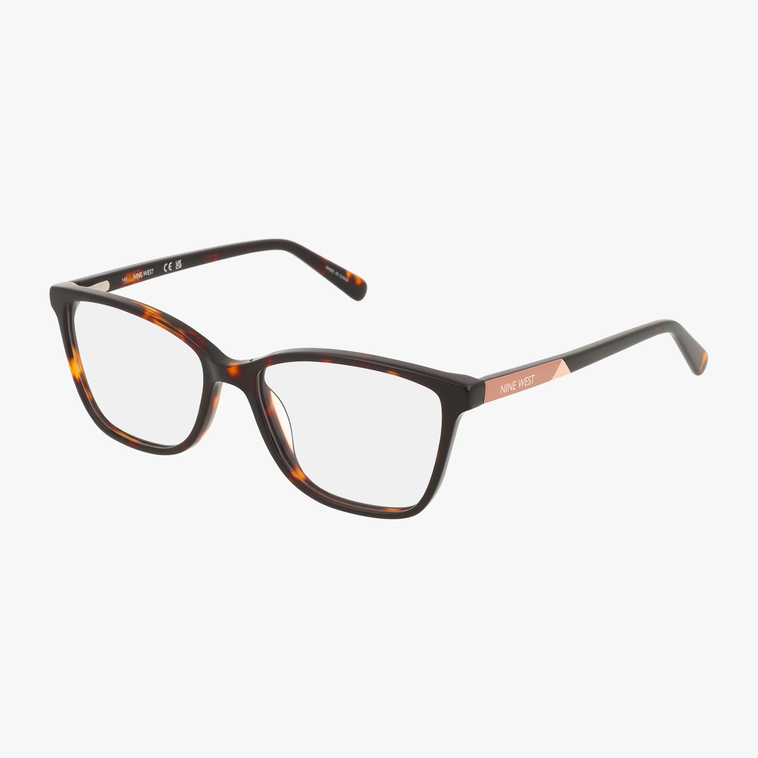 Nine West NW5226N rectangular eyeglasses with a modern tortoiseshell frame, clear prescription lenses, and pink temple accents, shown on a white background.