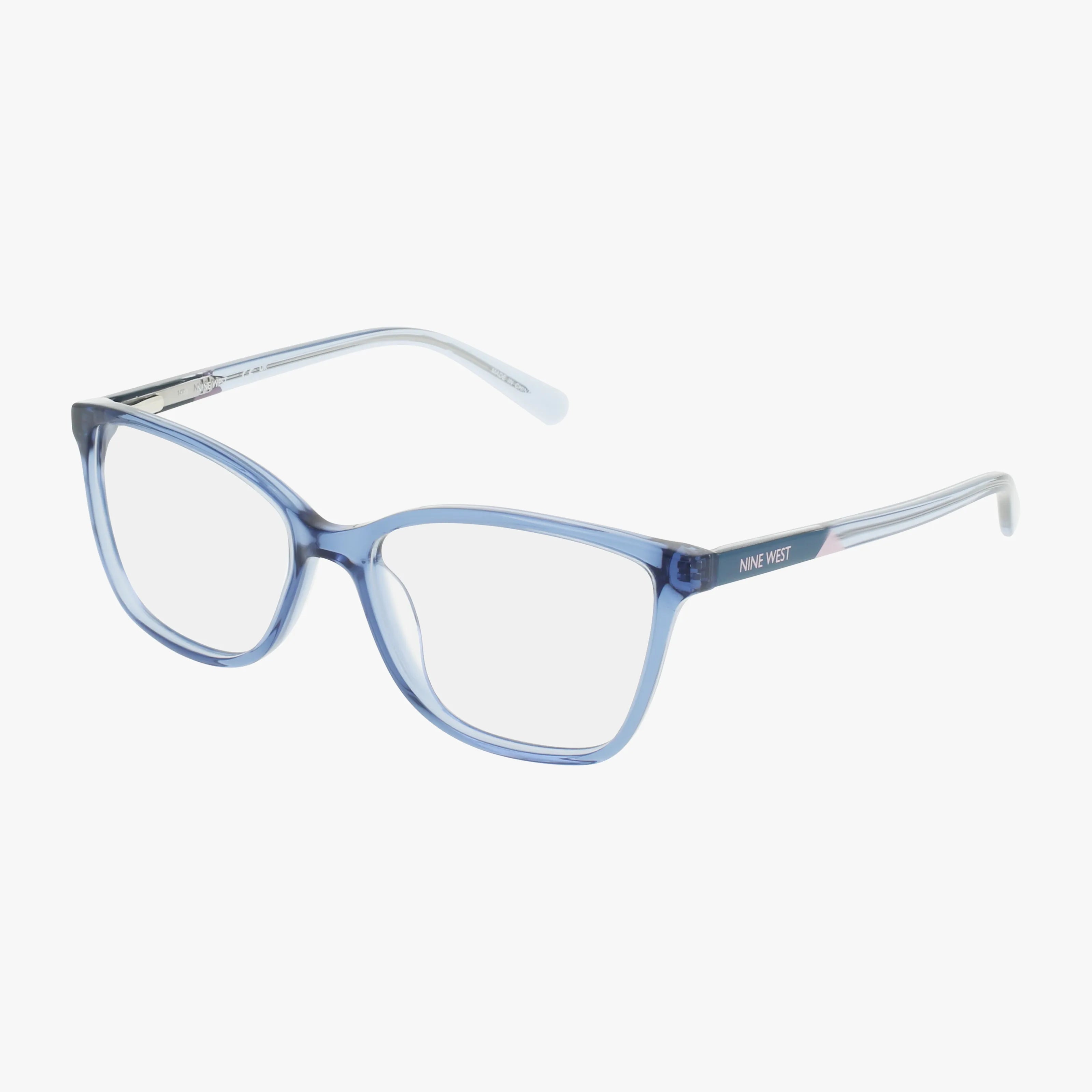 The Nine West NW5226N eyeglasses feature a blue translucent rectangular frame, durable thin arms, and clear prescription lenses with the Nine West logo on the temples, all set against a white background.