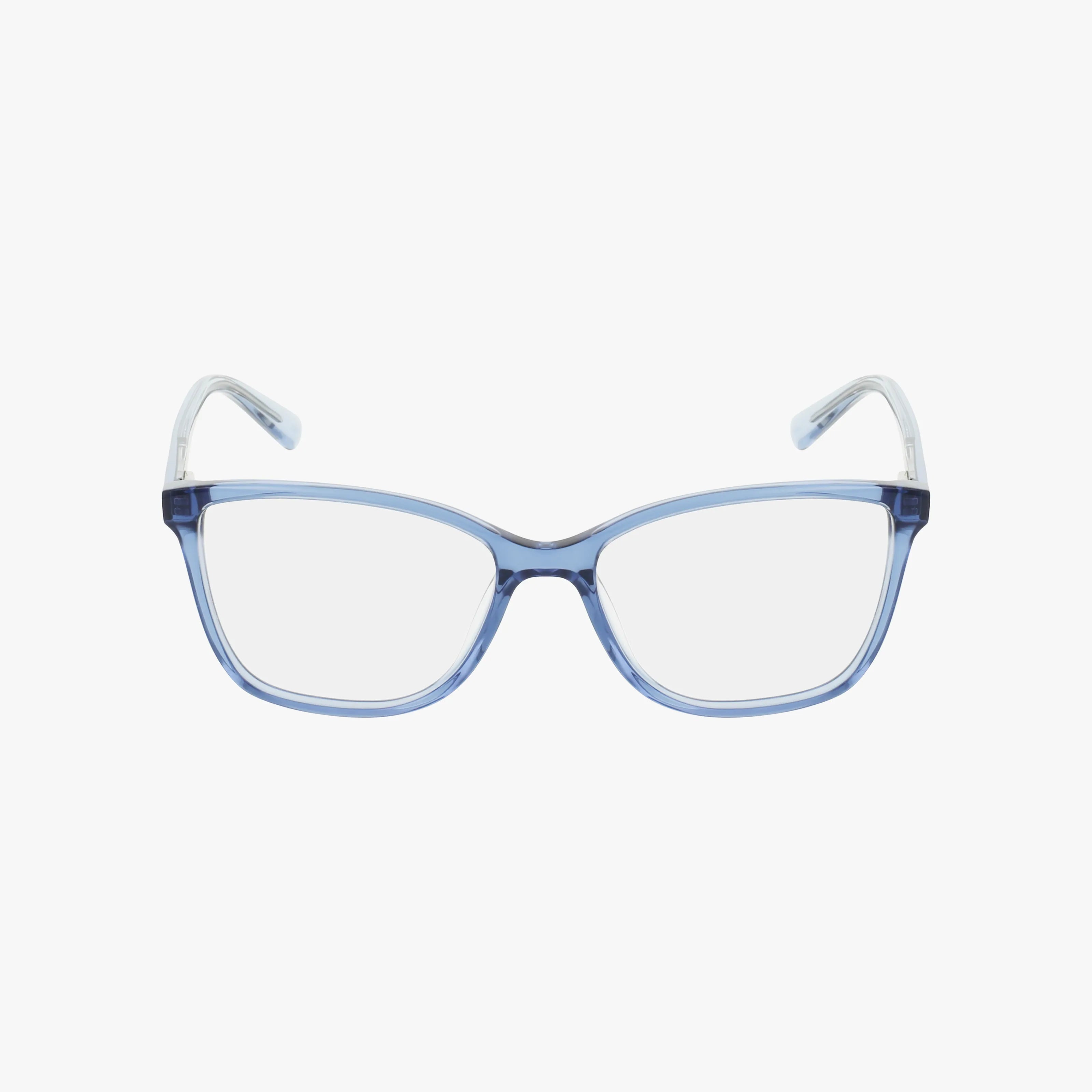 The Nine West NW5226N eyeglasses feature a modern, rectangular translucent light blue frame with slightly curved arms for comfort, shown on a white background.