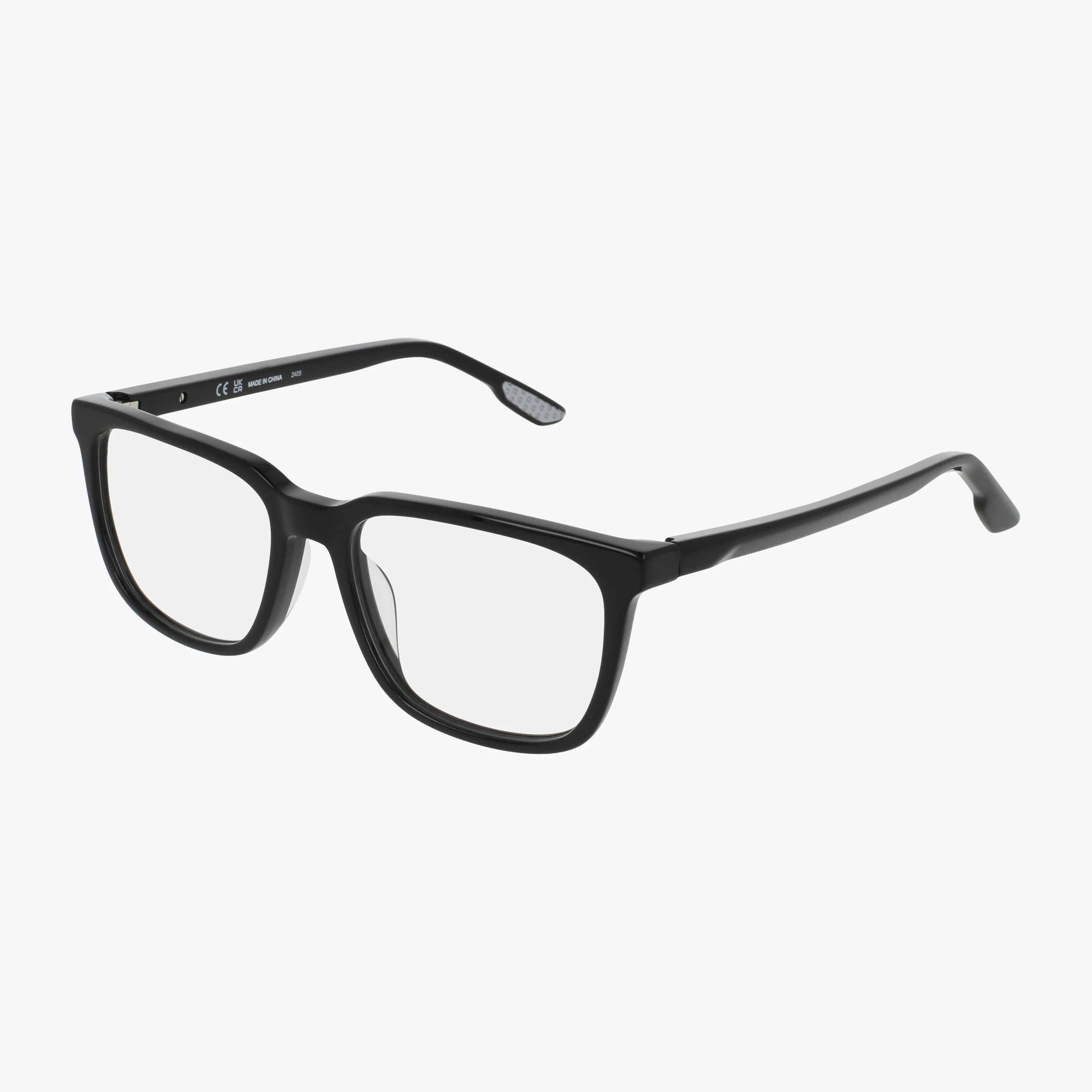 Nike Kids 5056 black rectangular eyeglasses with clear lenses are displayed at a slight angle on a plain white background—an adaptable frame suitable for any style.