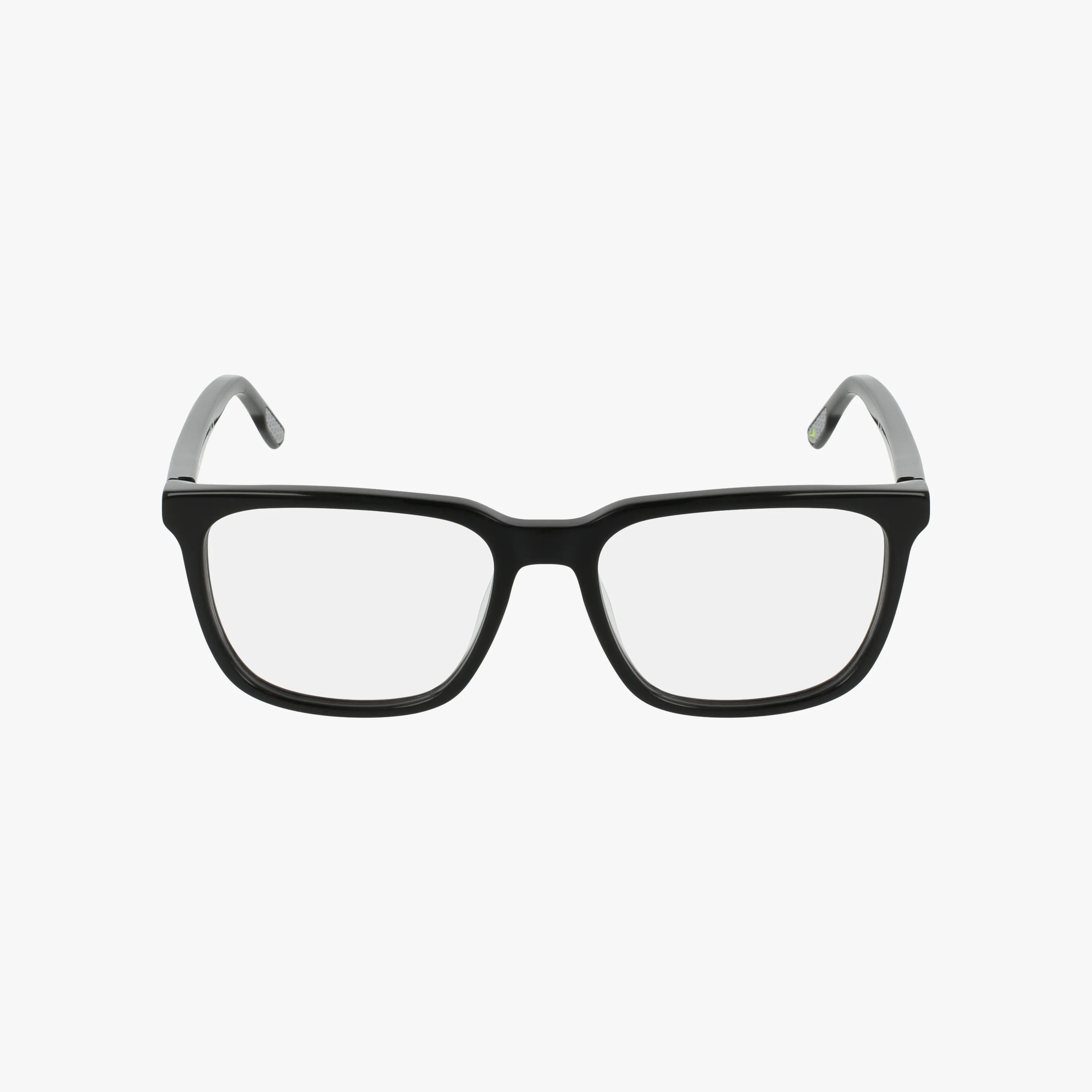 A pair of black Nike Kids 5056 rectangular eyeglasses with clear lenses, shown front-facing on a white background—an adaptable eyewear frame that's ideal for fitting Transitions lenses.