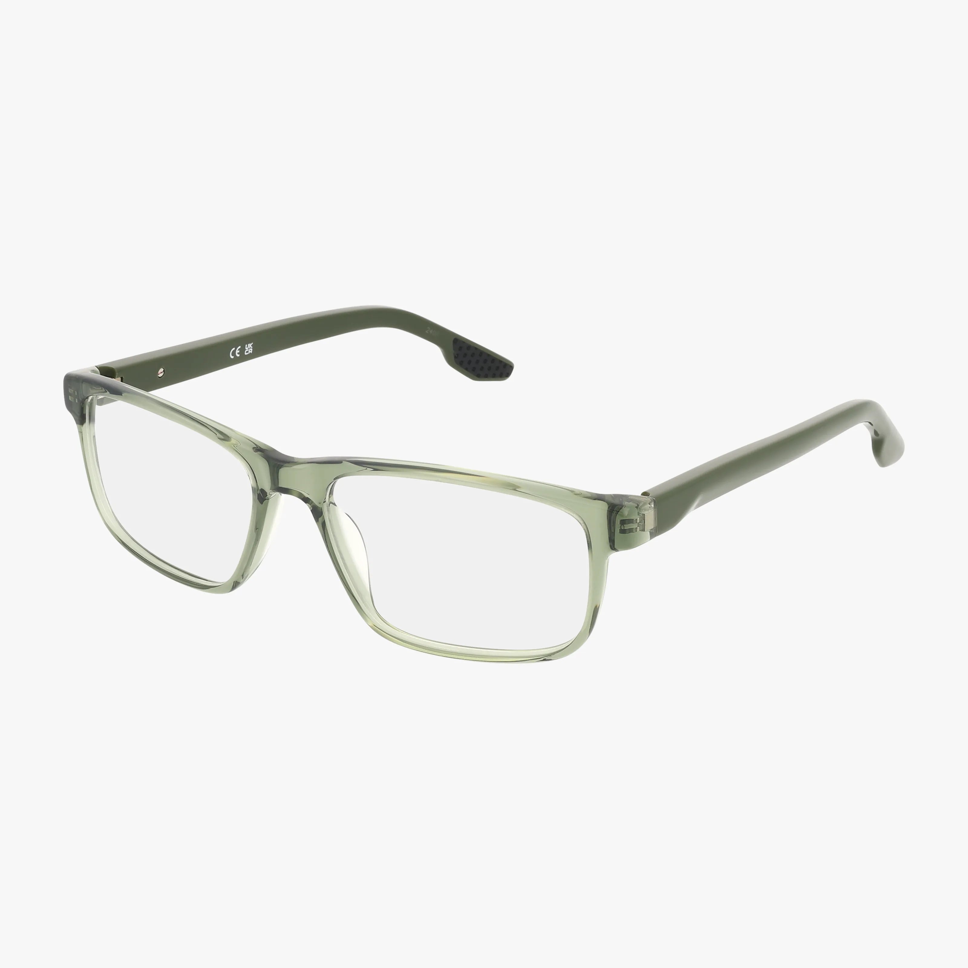 The NIKE 7170 by Nike features rectangular green clear frames with clear lenses and a lightweight design for comfortable daily wear, displayed at an angle on a white background.