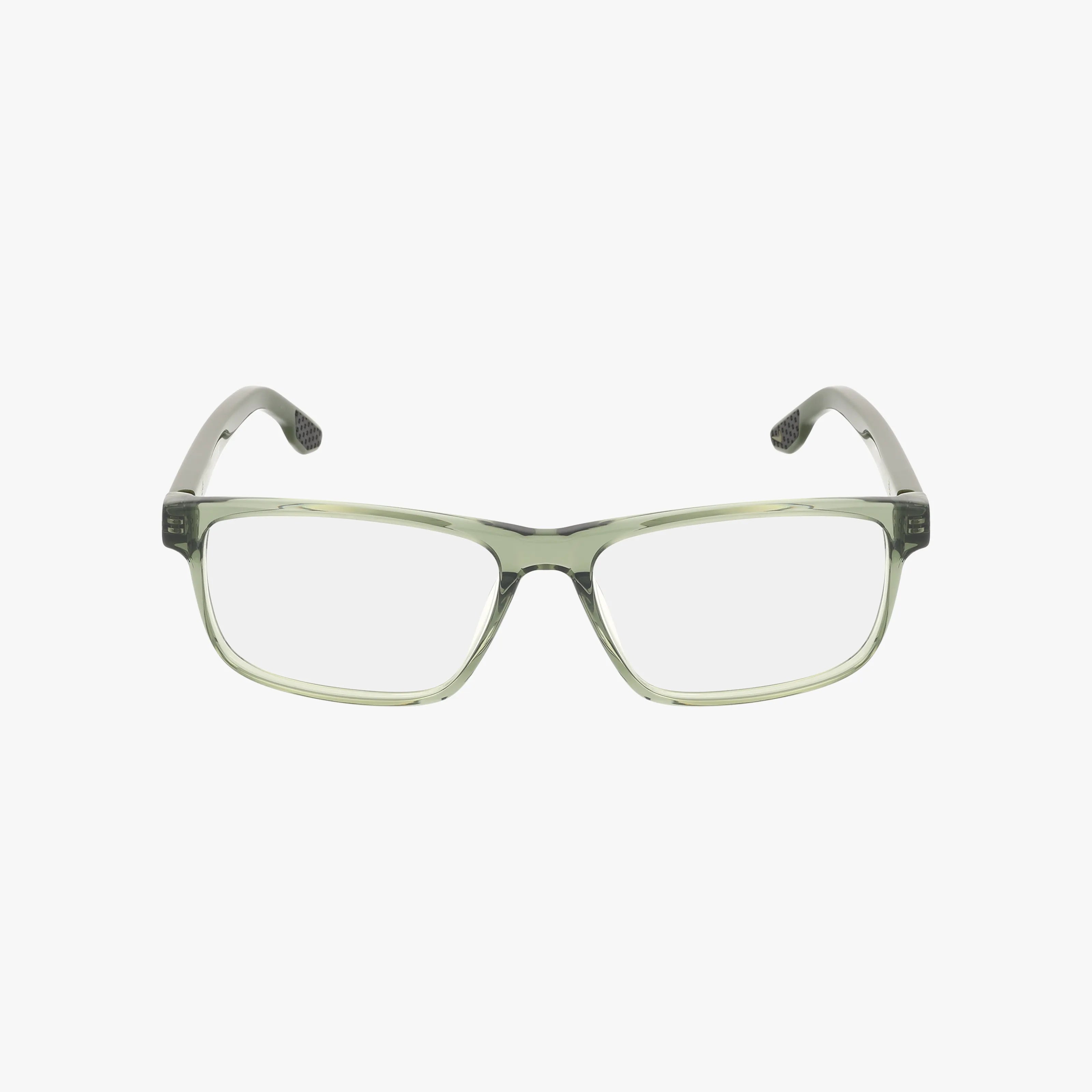 Front view of NIKE 7170 rectangular eyeglasses by Nike, featuring clear light green transparent frames and straight arms with a lightweight design for comfortable everyday wear, displayed on a white background.