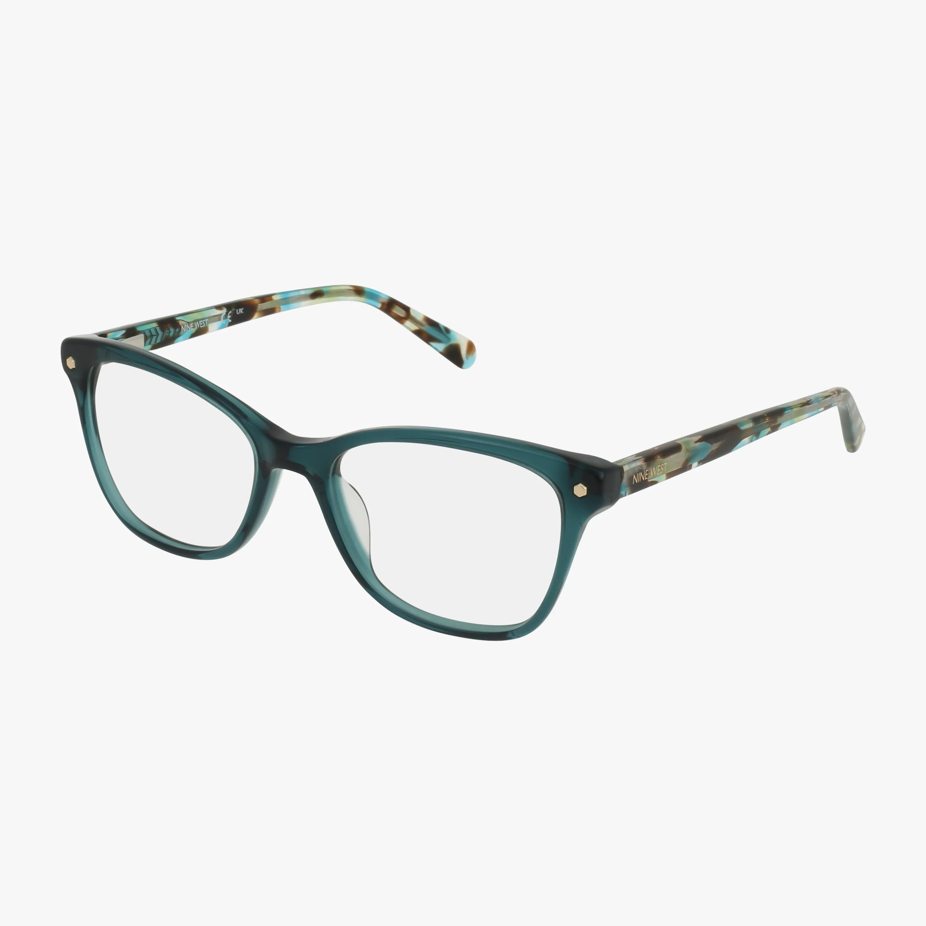 The Nine West NW5233 eyeglasses in Green Clear feature large round lenses and patterned arms, creating a bold look. Displayed on a white background.