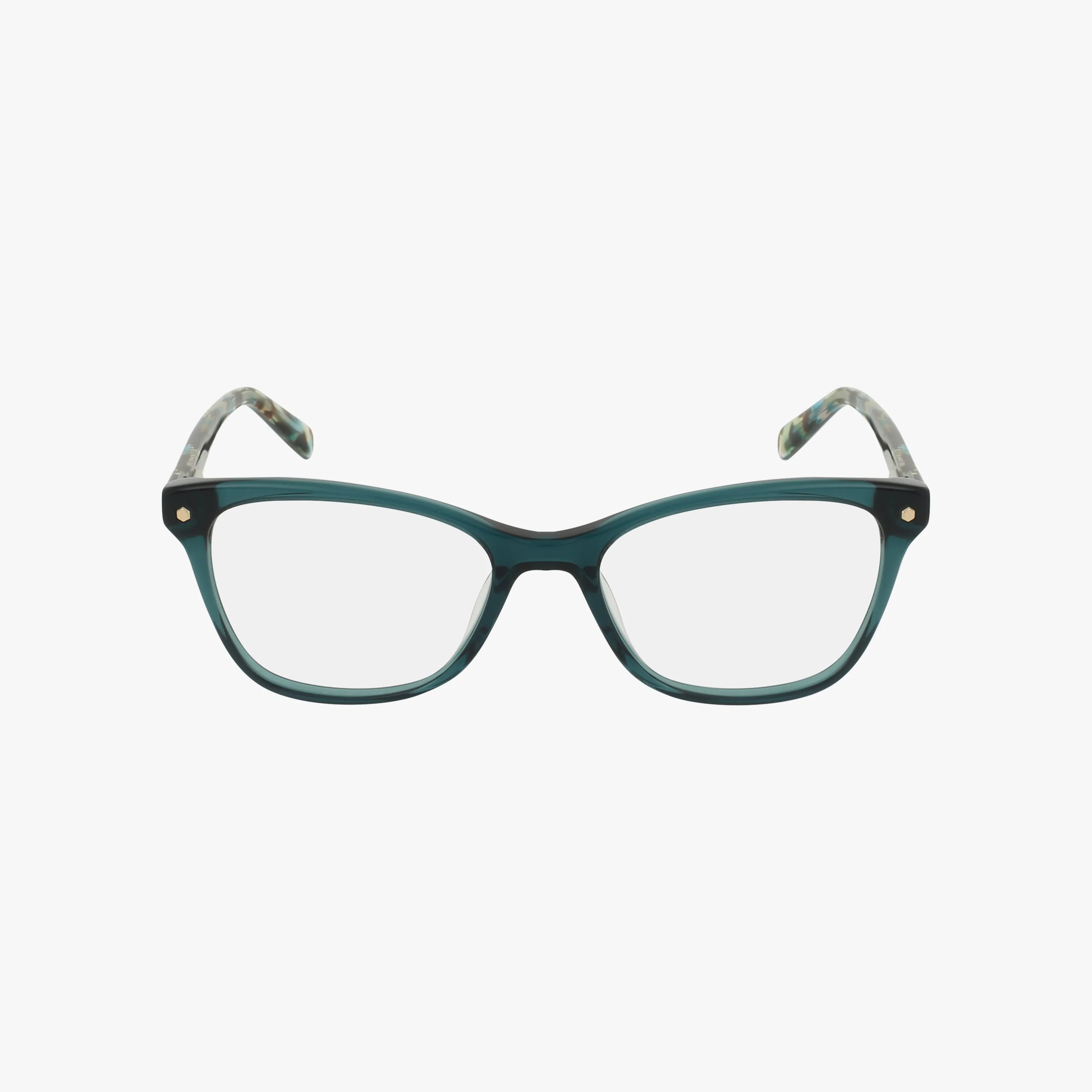 The Nine West NW5233 eyeglasses feature teal rectangular frames with clear lenses and bold design. The temples display a marbled gray and white pattern near the ends, shown against a plain white background.