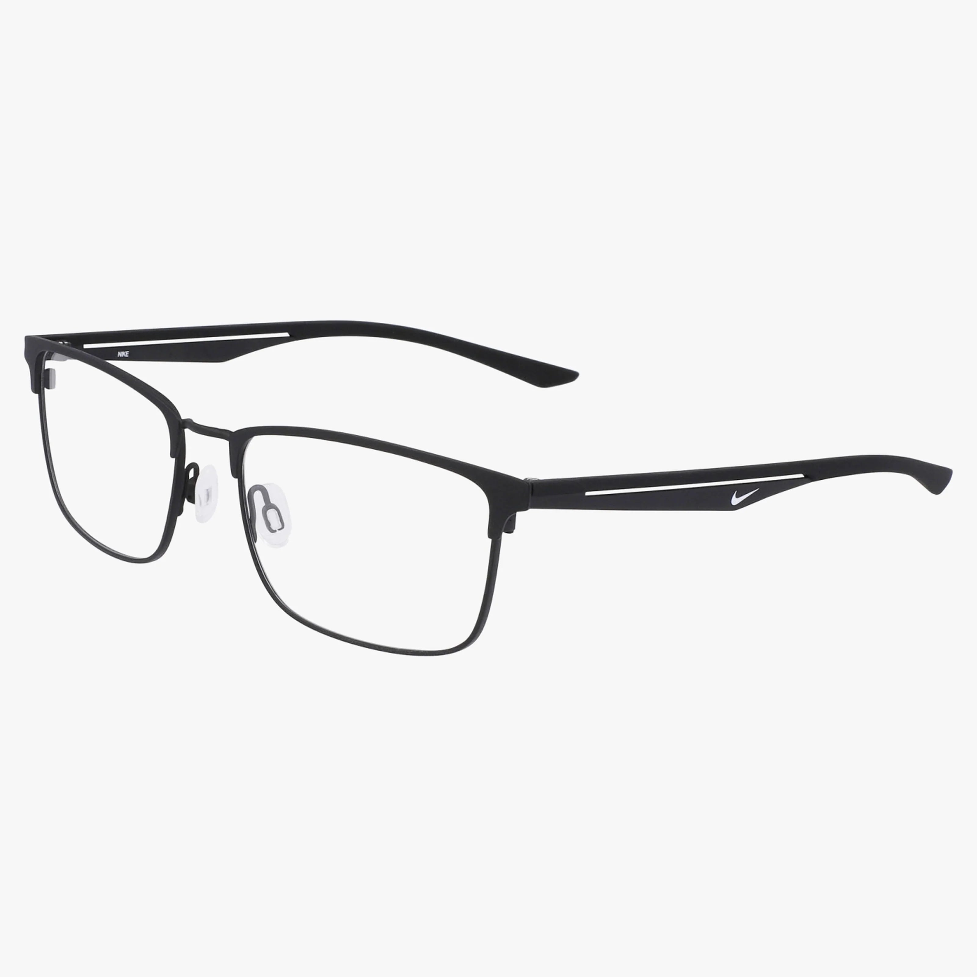Nike 4314N eyeglasses feature a black matte rectangular frame with thin metal rims, adjustable nose pads, and a subtle Nike logo on the temples, offering contemporary style and lightweight comfort. Displayed on a white background.