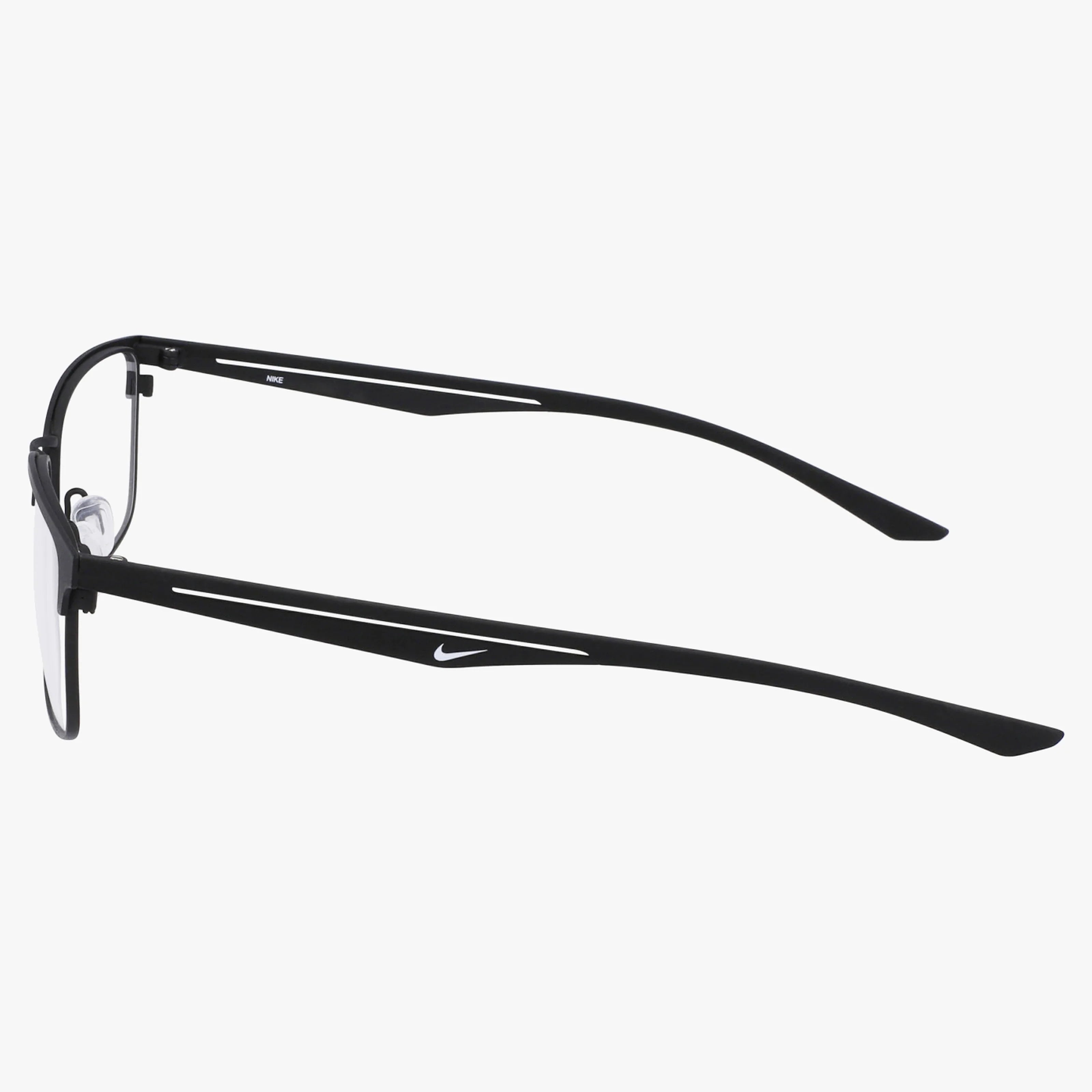 A side view of Nike 4314N black eyeglasses shows a contemporary frame with slim, elongated arms, narrow cutouts, and a small white Nike swoosh by the hinges. Lightweight design with clear nose pads adds comfort.