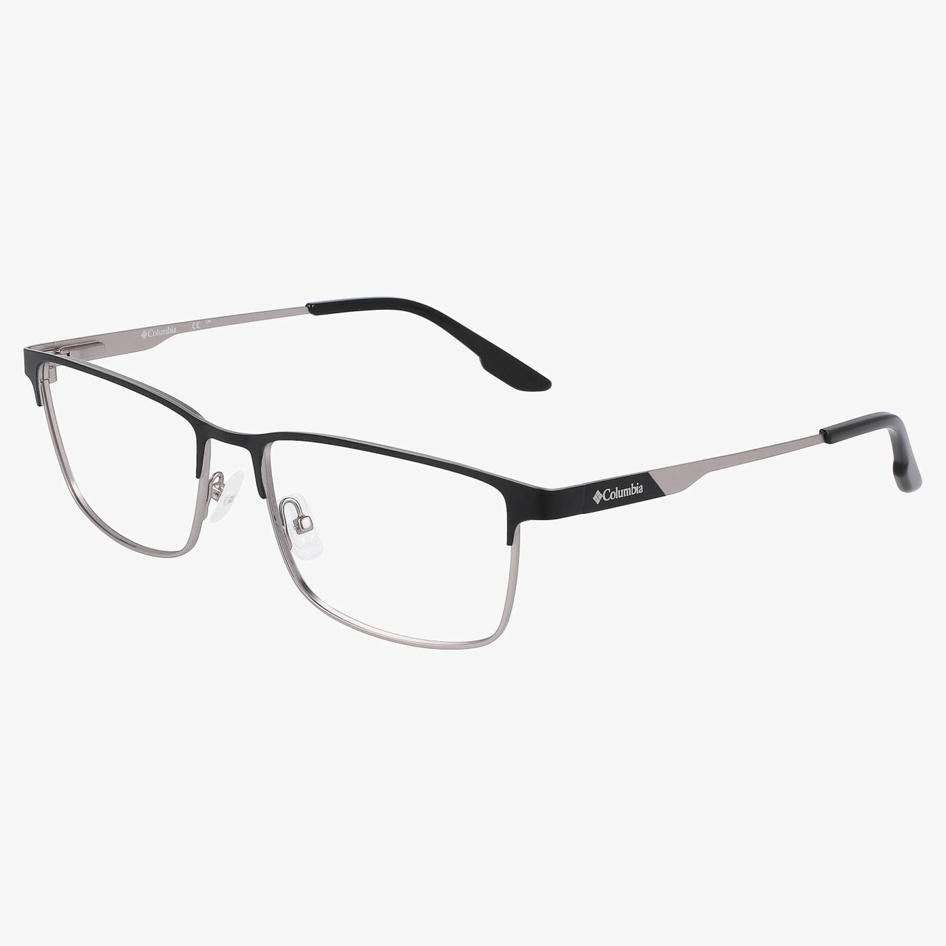 Columbia C3041N: Rectangular eyeglasses with thin metal frames, black on top and silver below, adjustable nose pads, and black temple tips for a classic, timeless look.