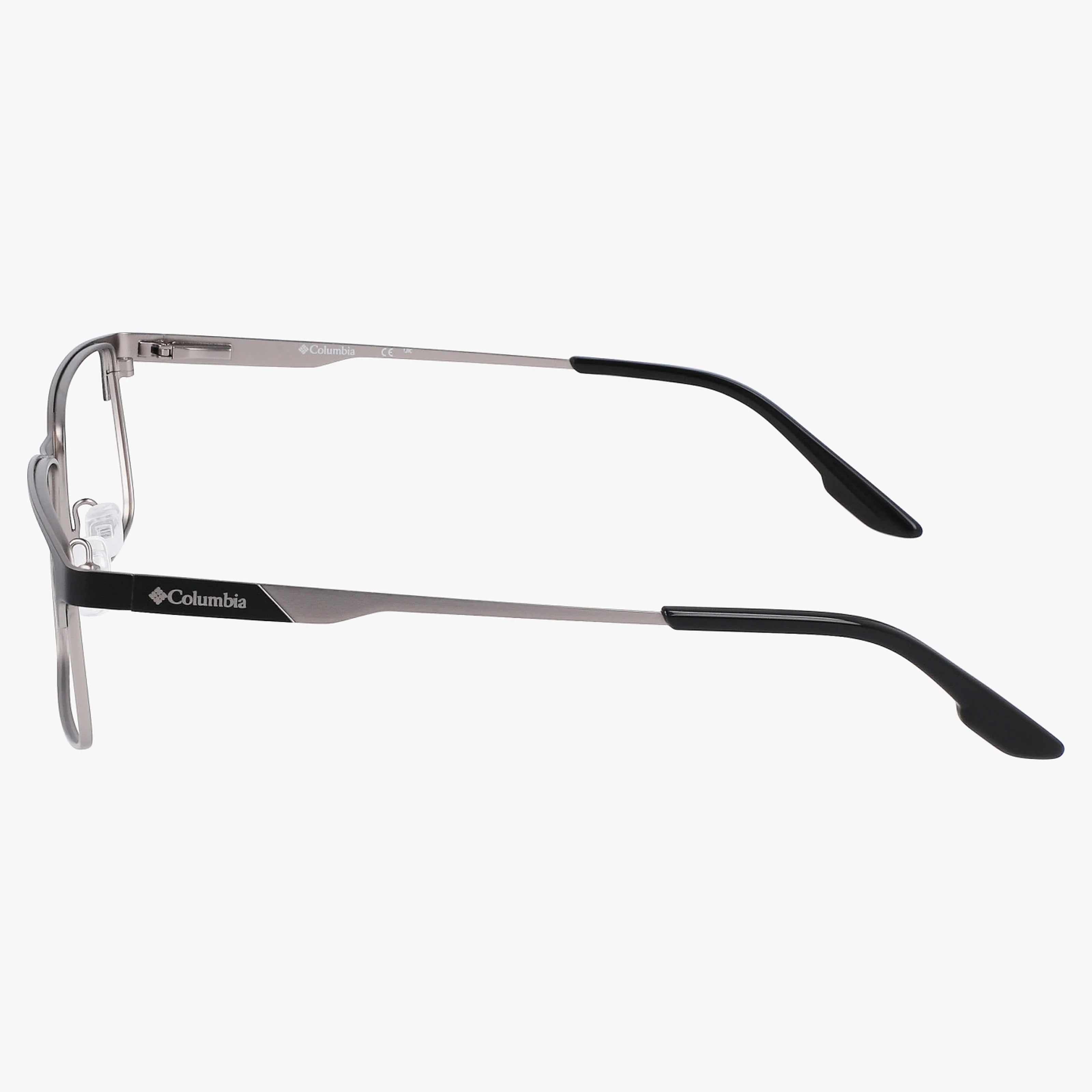 Side view of Columbia C3041N metal eyeglass frames featuring black temple tips, black temple accents, and the Columbia logo. These frames offer modern construction and a sleek, timeless design.