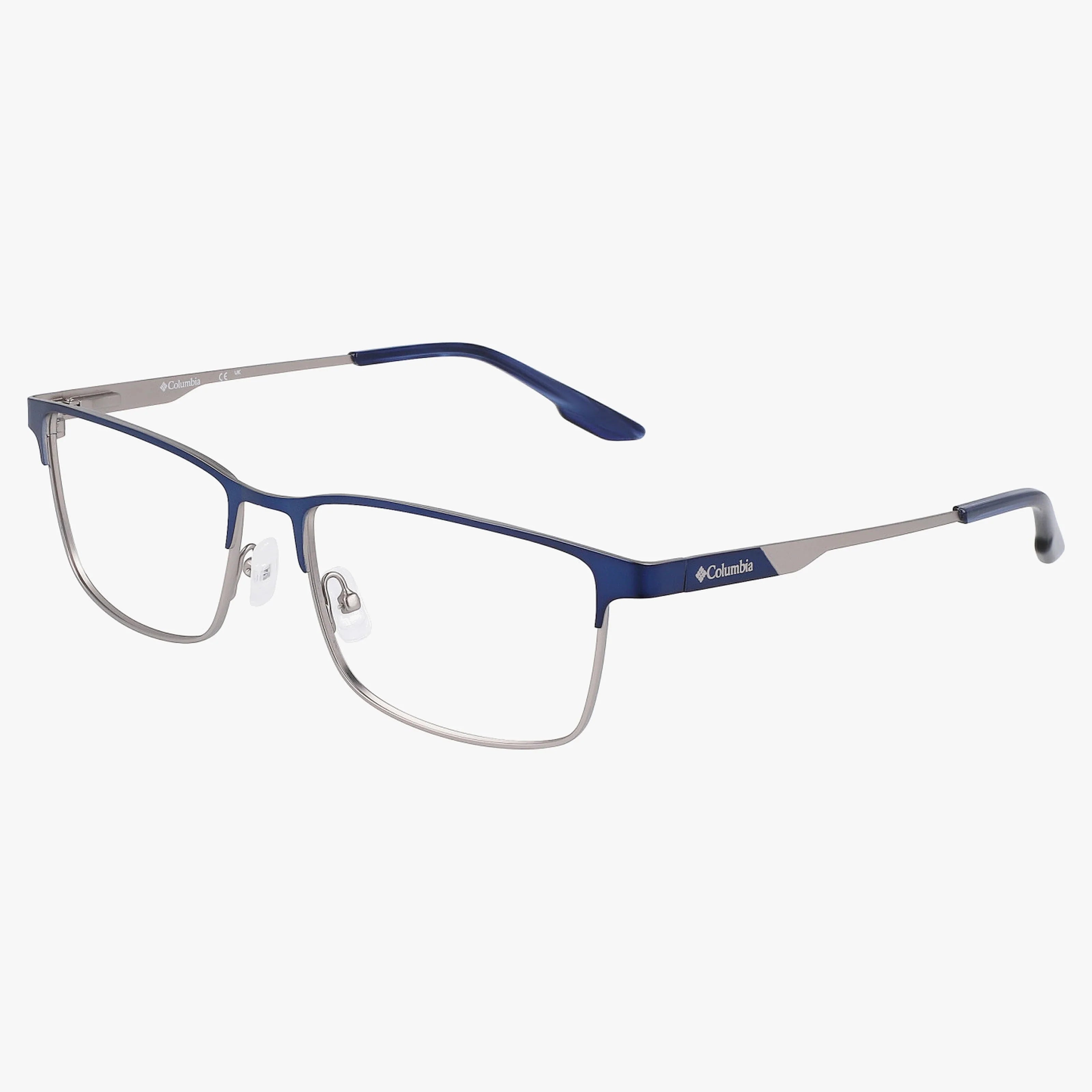 The Columbia C3041N features rectangular blue and silver metal frames with clear lenses, adjustable nose pads, blue-tipped temples, and the Columbia logo—a timeless style blending classic looks with modern design.