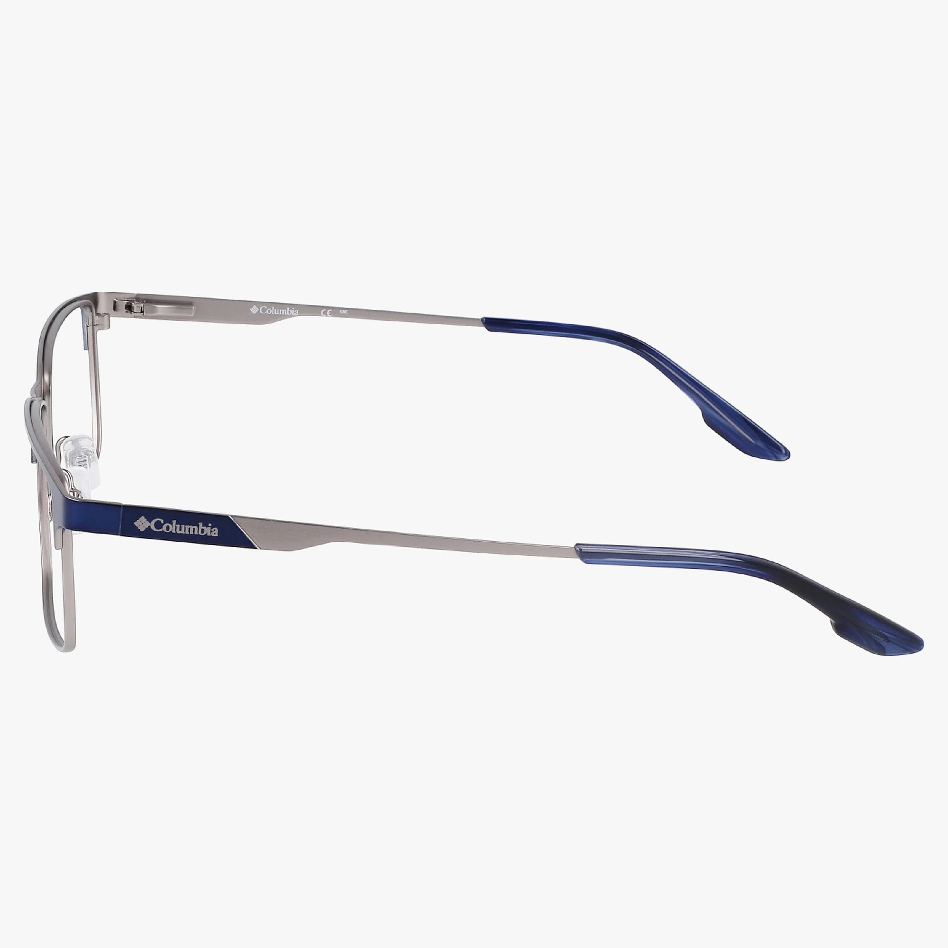 Side view of Columbia C3041N eyeglass frames in silver and blue, showcasing a classic design with thin metal arms, blue plastic-coated tips, and the Columbia logo on the side.
