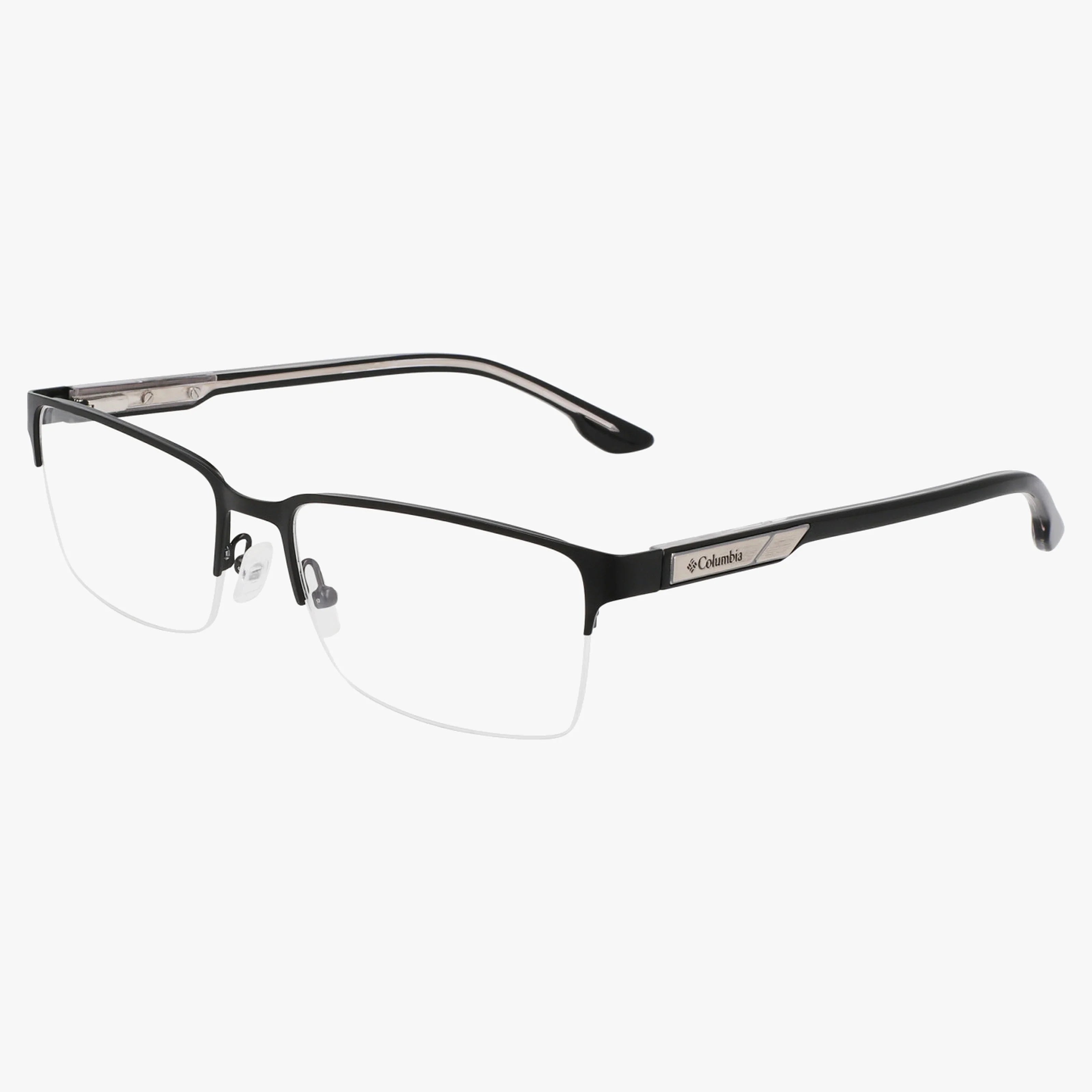 The Columbia C3047N features black, semi-rimless eyeglasses with a durable, thin metal frame, clear nose pads, slightly curved temples, and silver accents—ideal for those seeking stylish eyewear.