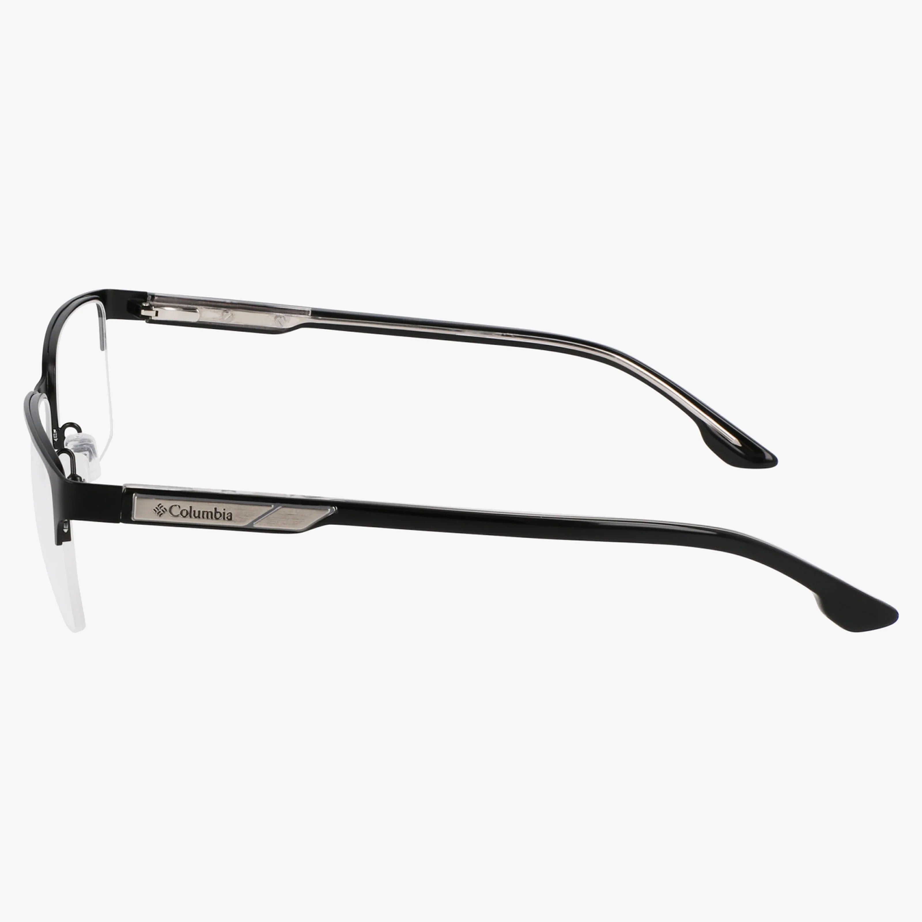 Side view of Columbia C3047N eyeglasses featuring thin black metal arms, clear nose pads, and a partially rimless durable frame. The Columbia logo is visible on the arm.