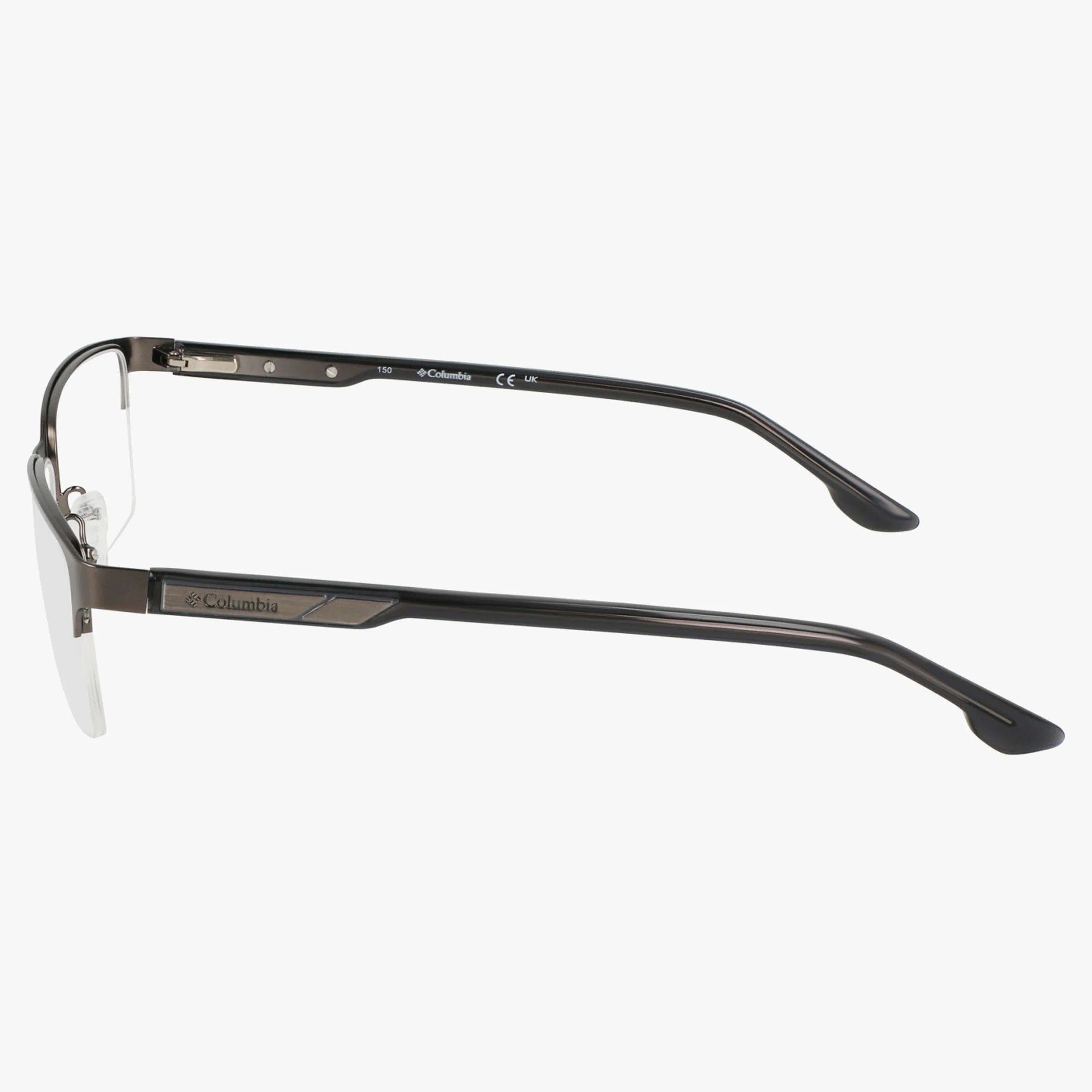 Side view of Columbia C3047N black eyeglass frame with slim arms, semi-rimless design, adjustable temple tips, and the Columbia logo—a stylish and durable eyewear option.