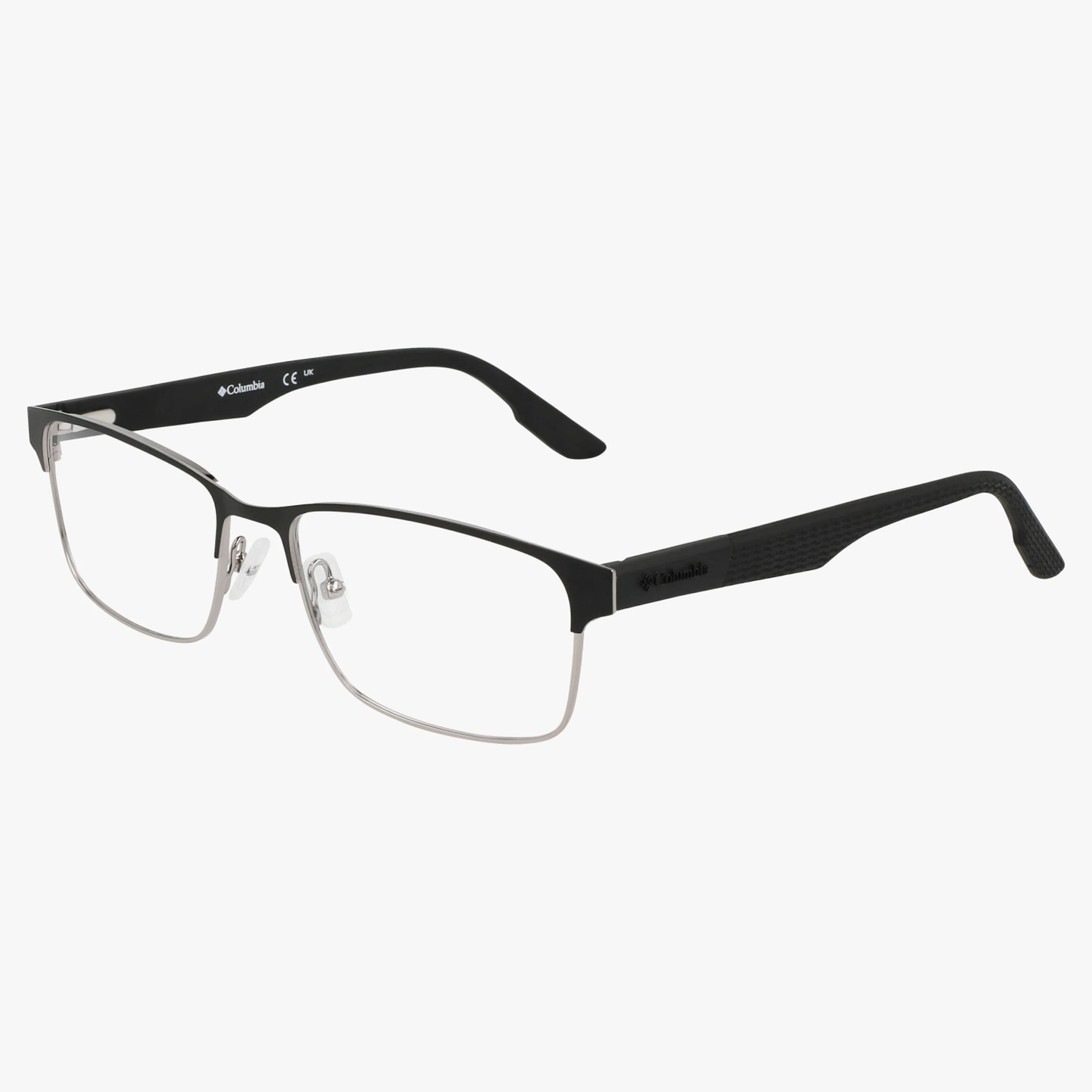 The Columbia C3049N features rectangular black matte frames with silver metal rims at the bottom, nose pads, and textured temple tips—versatile prescription-ready eyewear, displayed on a white background.
