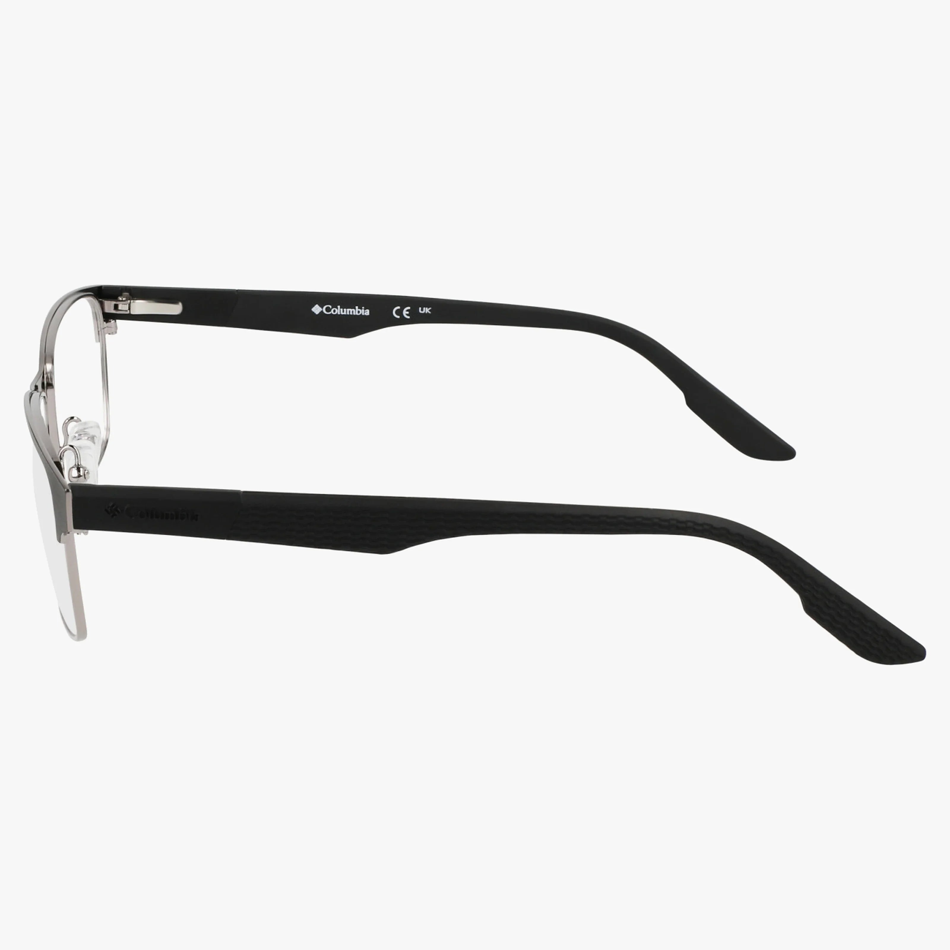 Side view of Columbia C3049N eyeglasses with thin silver metal frames and black plastic arms featuring the Columbia logo and textured design, set against a white background—an ideal versatile frame for stylish eyewear.