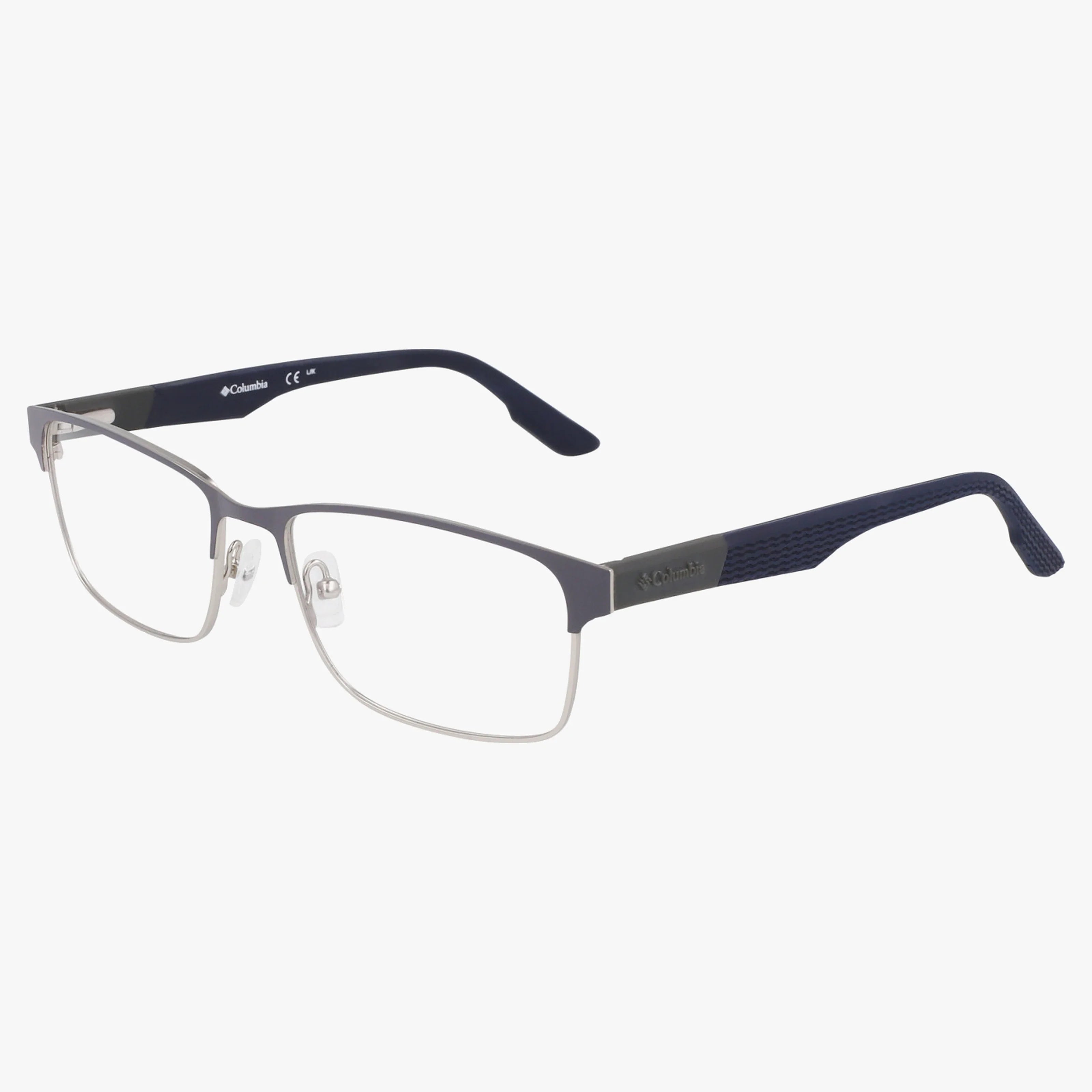 The Columbia C3049N features rectangular gunmetal matte metal frames with blue temples and adjustable clear nose pads, displayed on a white background—a versatile option ideal for prescription lenses.