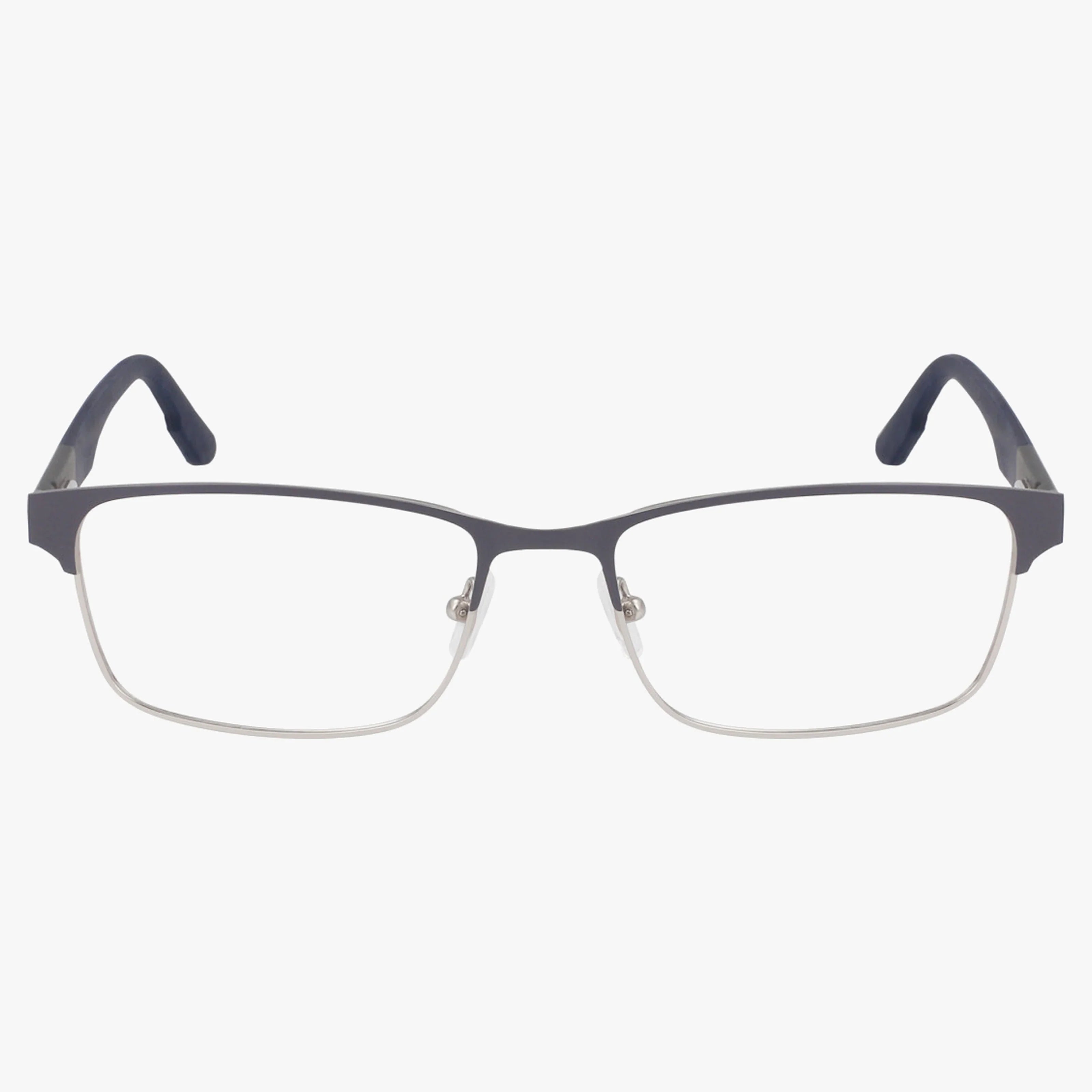 The Columbia C3049N features rectangular eyewear with thin, dark upper frames, lighter rimless lower halves, and dark temples with curved ends. Clear adjustable nose pads offer comfort. Versatile for prescription lenses. Displayed on a plain white background.
