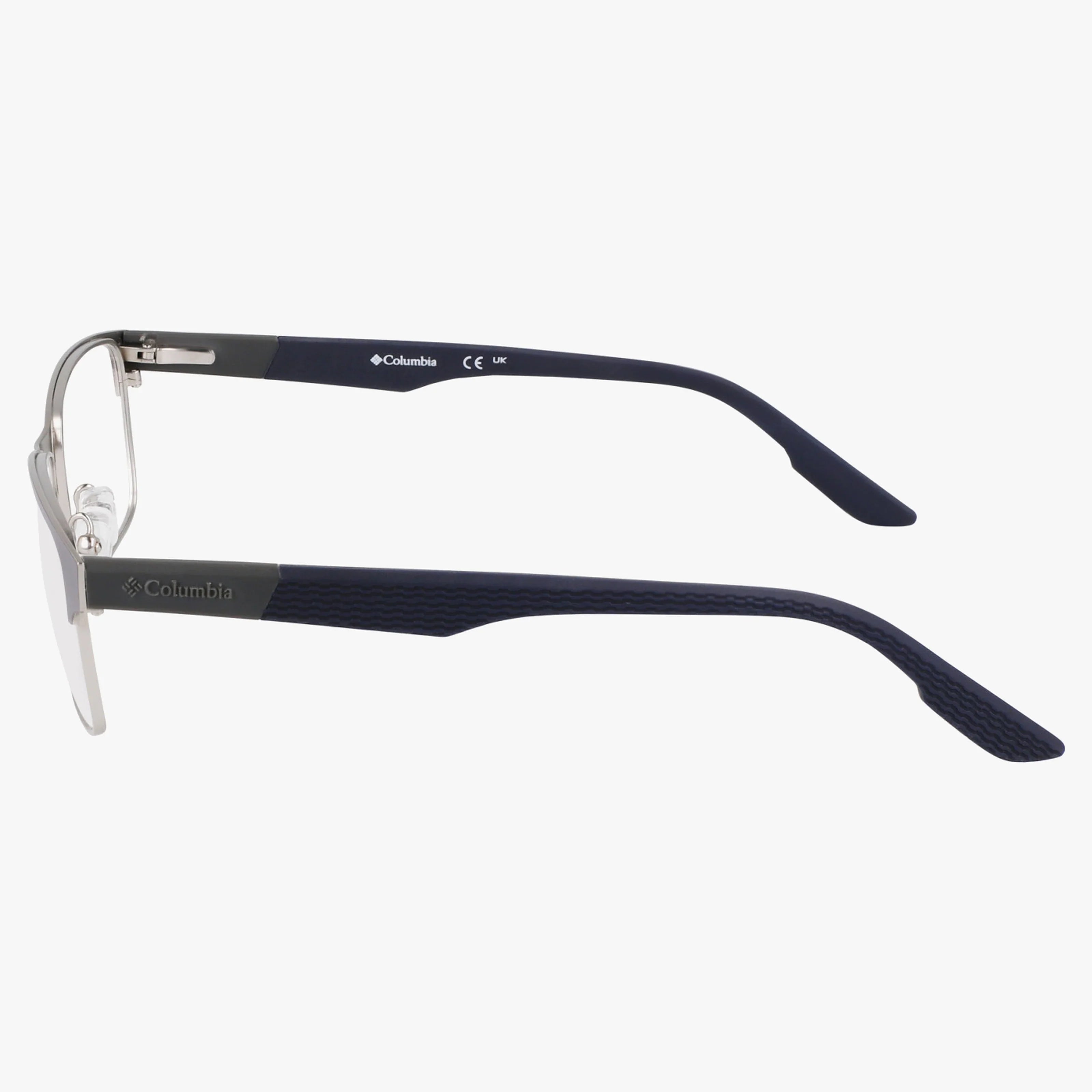Columbia C3049N eyeglasses with navy textured arms, silver hinges, and clear prescription lenses, shown side view on a plain white background.