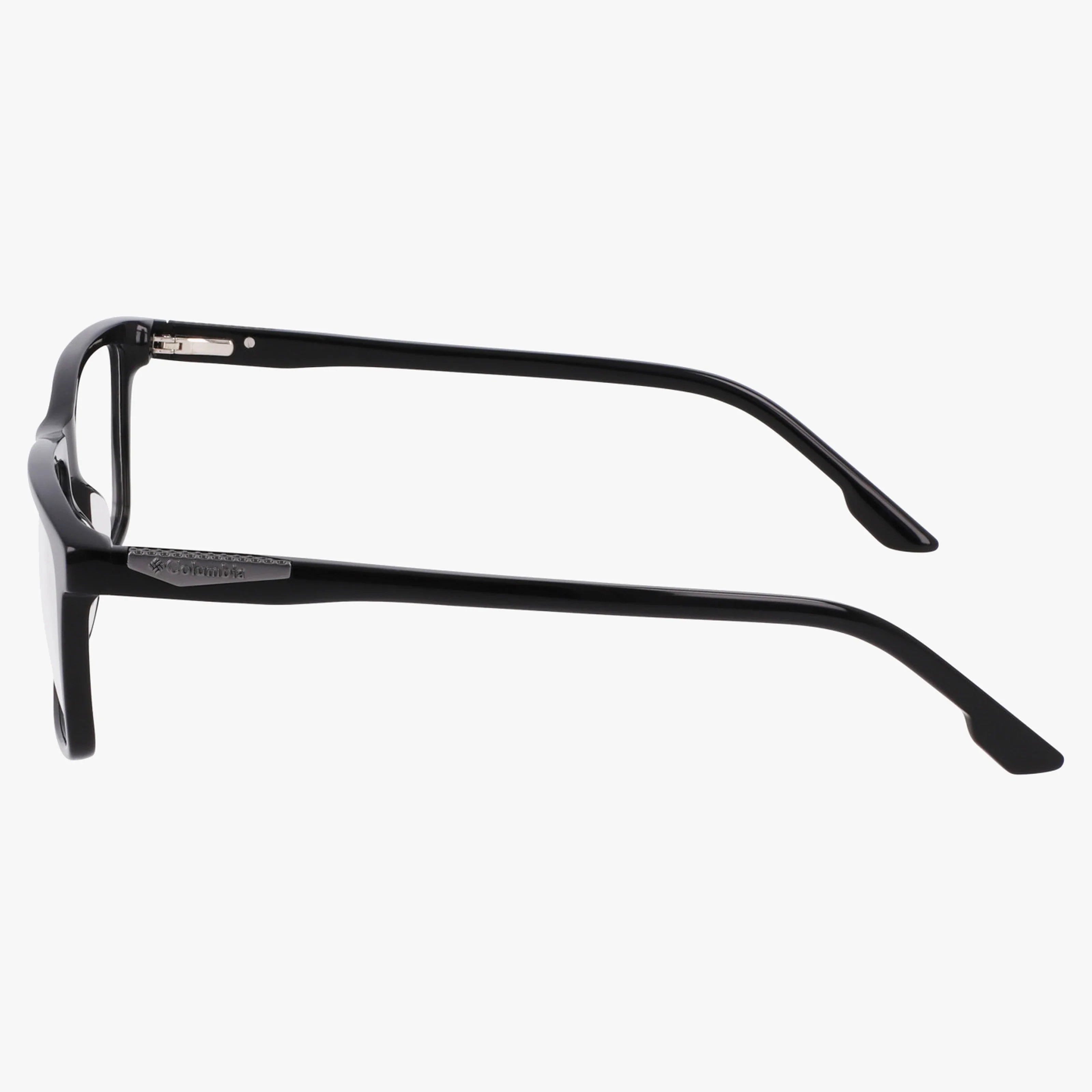 Columbia C8057N black rectangular eyeglass frames, shown from the side on a white background, highlight the temples and hinges. The stylish, well-balanced design is ideal for progressive lenses.