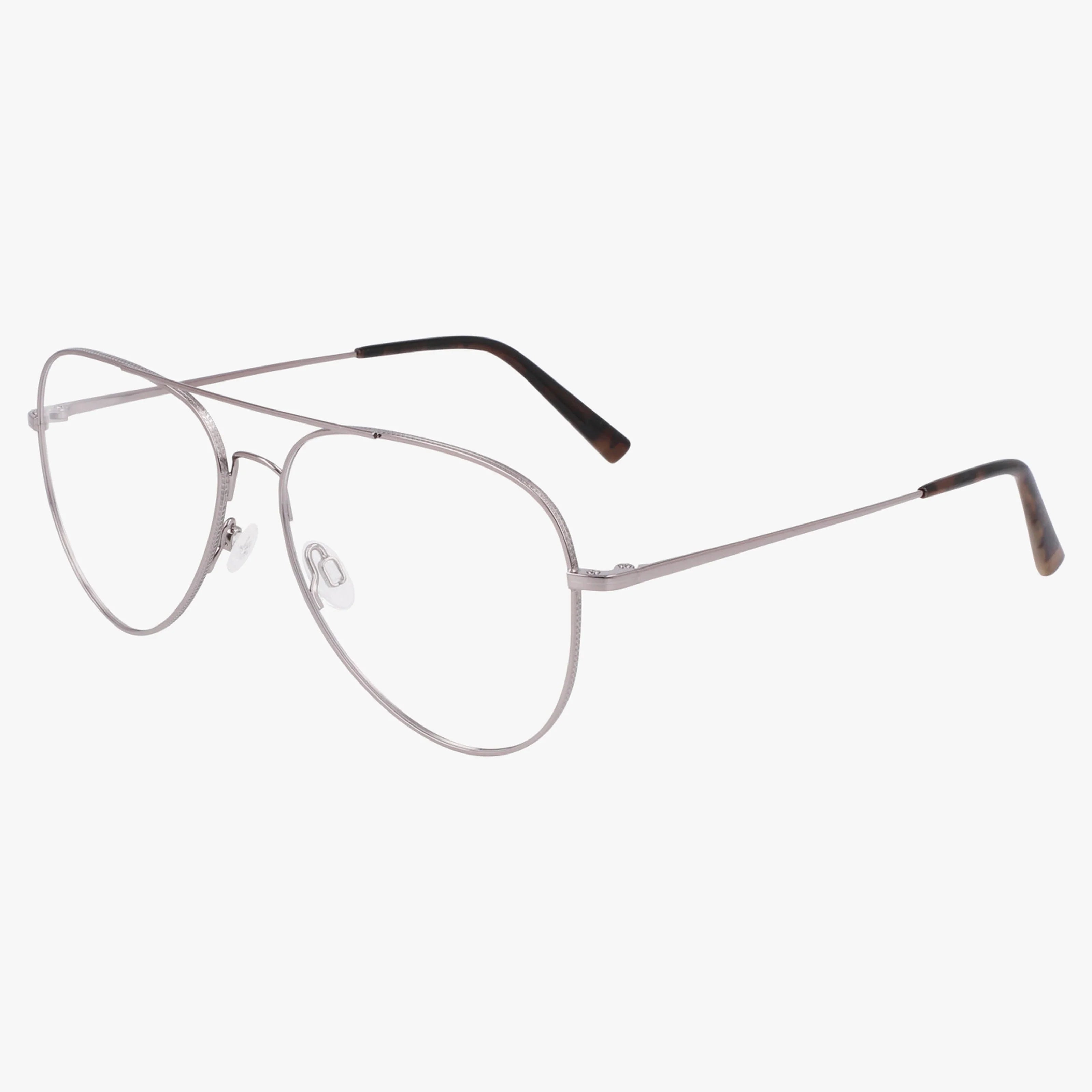 Flexon H6083N gunmetal aviator eyeglasses feature a unique thin metal frame, clear lenses, and black-tipped arms, shown on a white background.