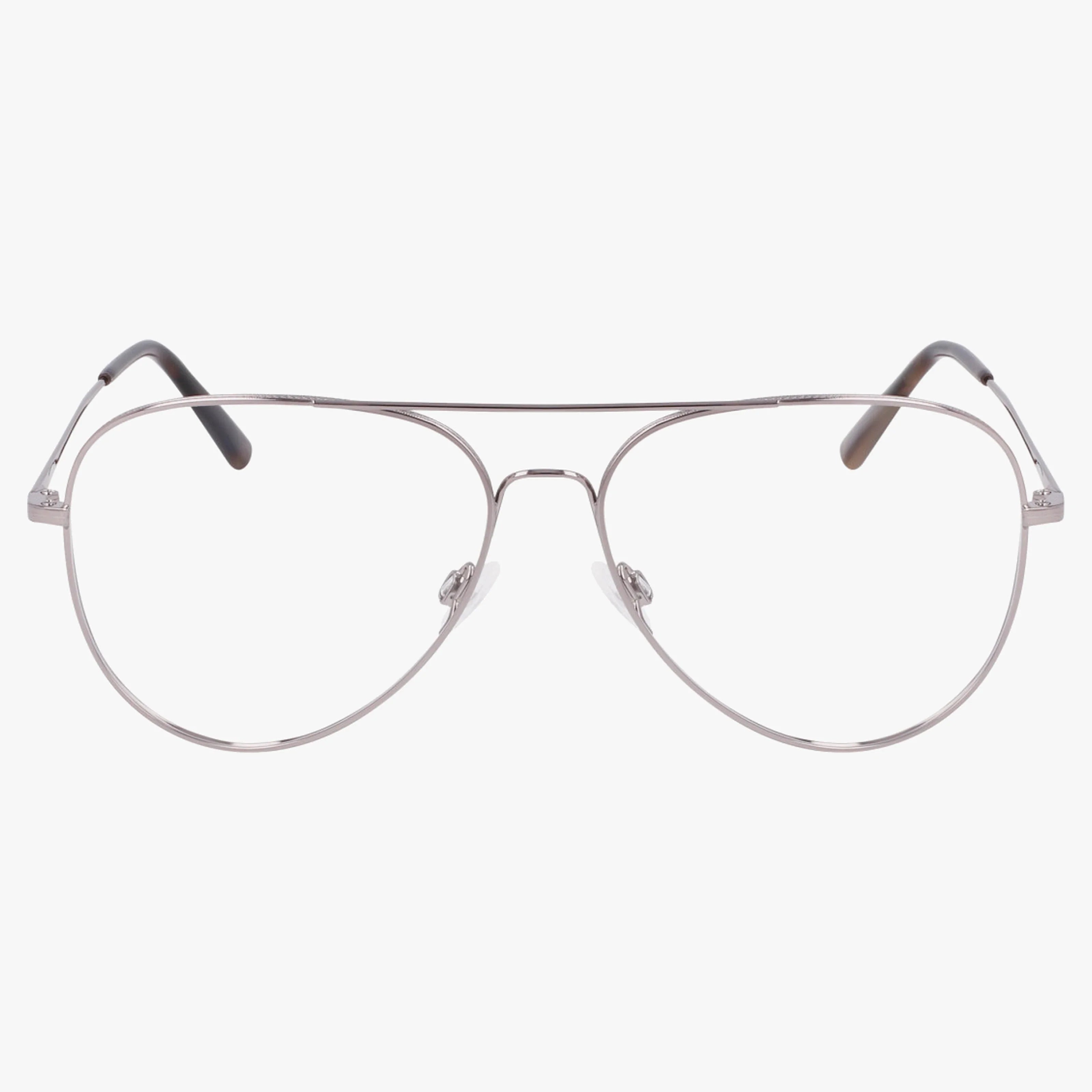 The Flexon H6083N features silver aviator eyeglass frames with a unique design, clear lenses, a thin metal build, double bridge, and black arm tips—ideal for prescription use. Shown on a plain white background.