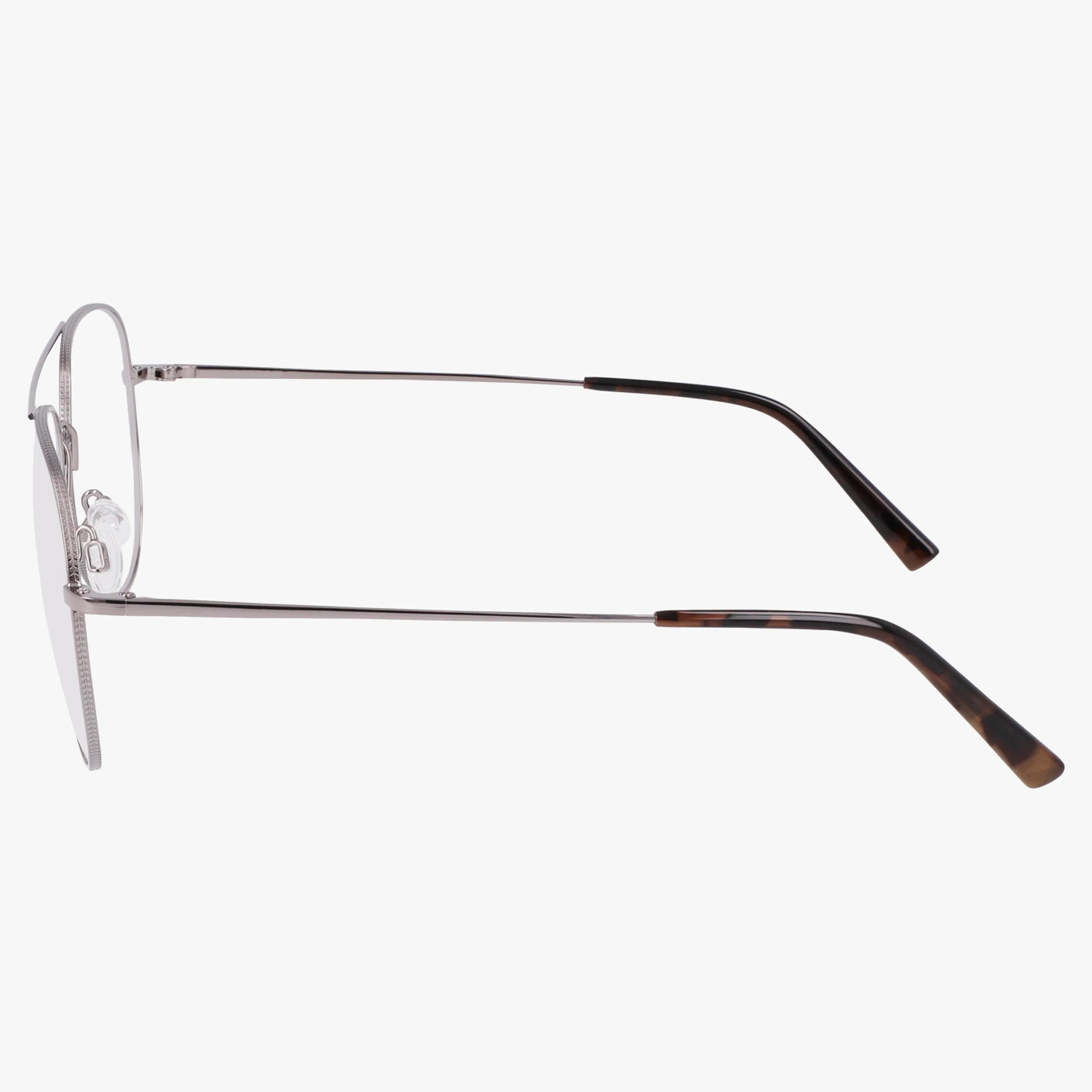 Side view of Flexon H6083N eyeglasses featuring thin metal frames, straight arms, and dark tortoiseshell-patterned temple tips. The unique design is displayed against a plain white background.