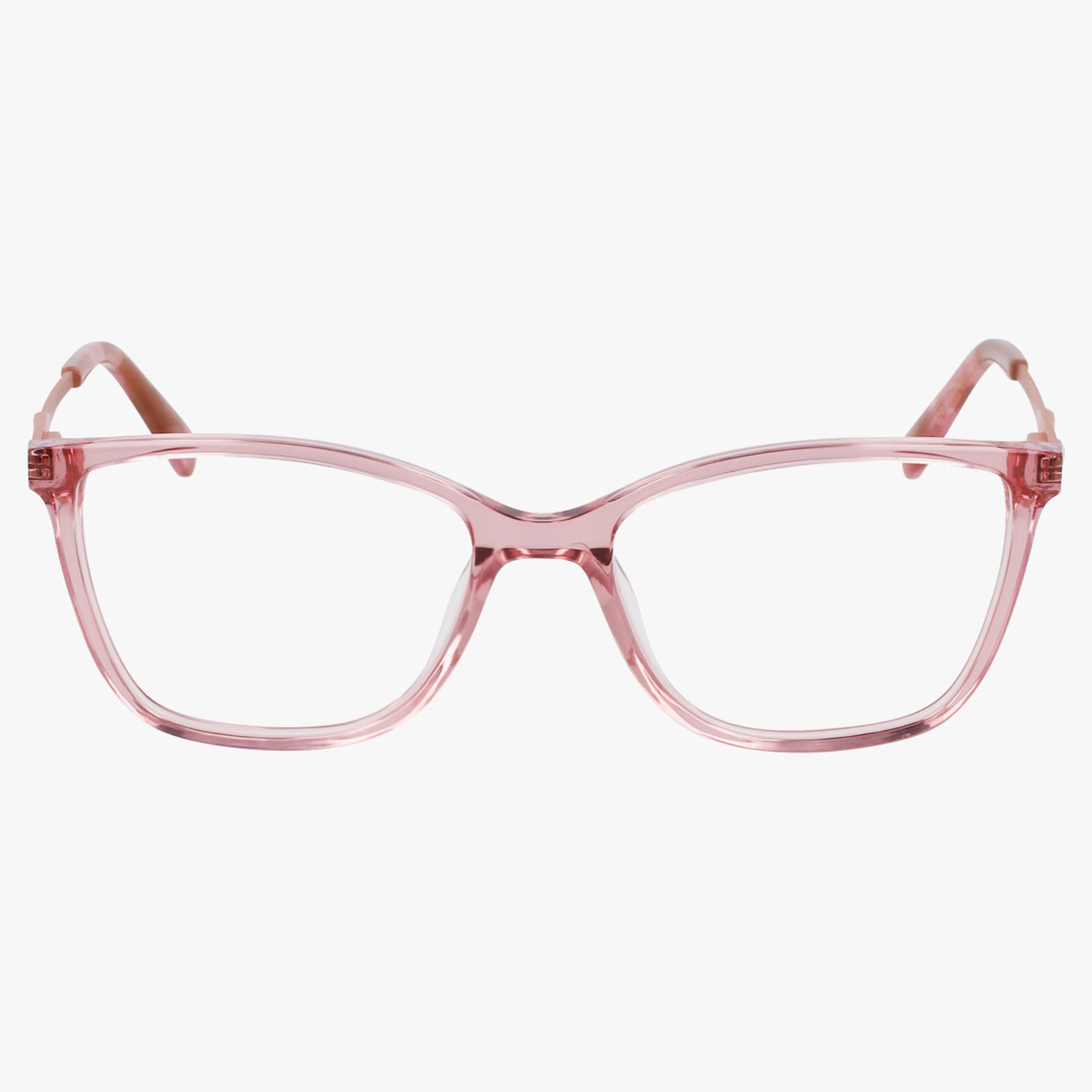 The Nine West NW5220N eyeglasses feature pink, transparent rectangular lenses with a subtle cat-eye lightweight frame, perfect for daily wear and displayed on a white background.