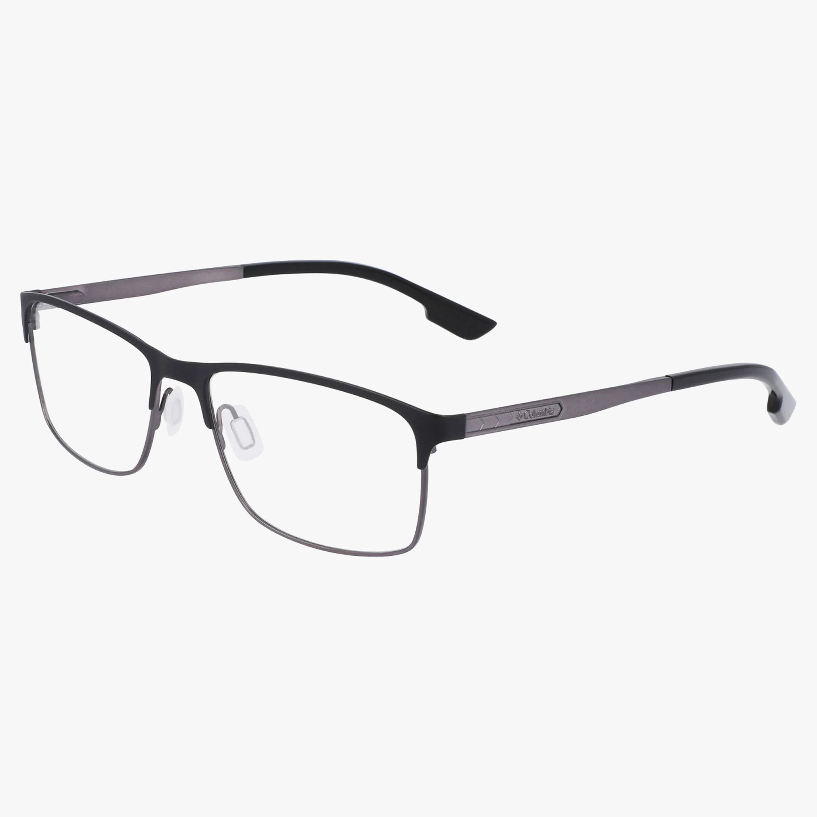 The Columbia C3038N eyeglasses feature rectangular black rims, thin metal frames, clear nose pads, and black temple arms for a bold everyday look, shown against a white background.