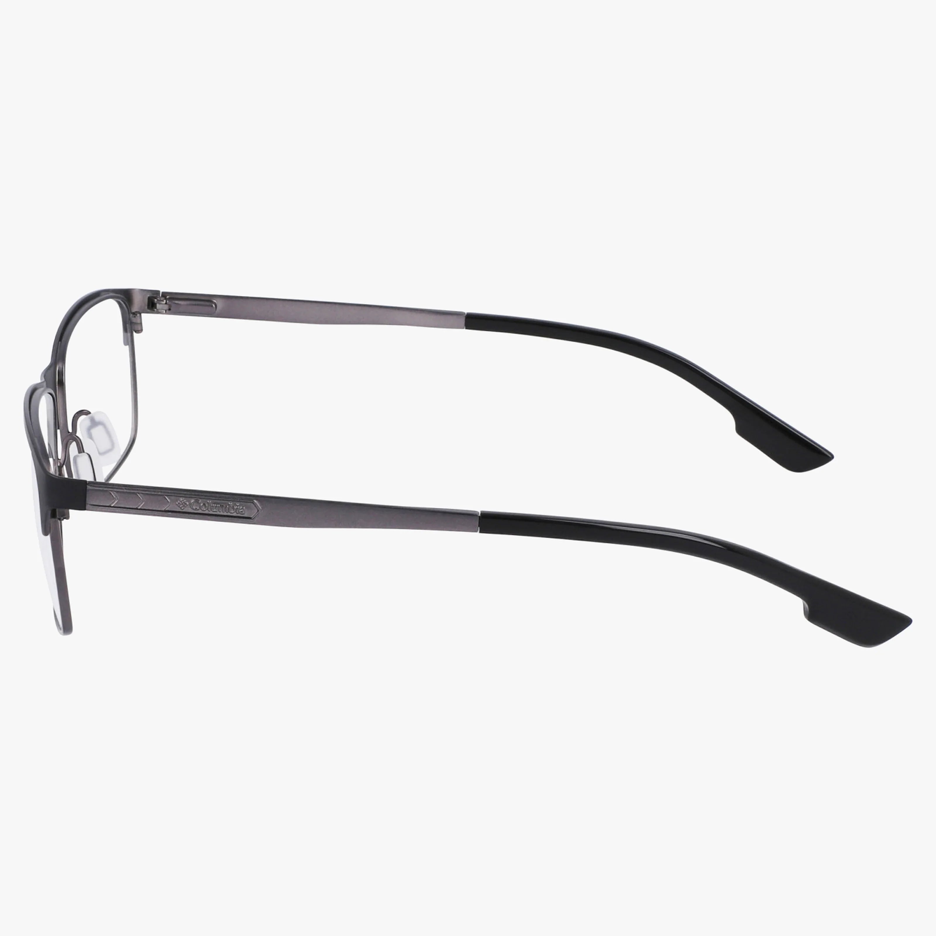 A side view of Columbia C3038N metal eyeglasses with thin rectangular frames and black temple arms exemplifies everyday excellence, set against a plain white background.