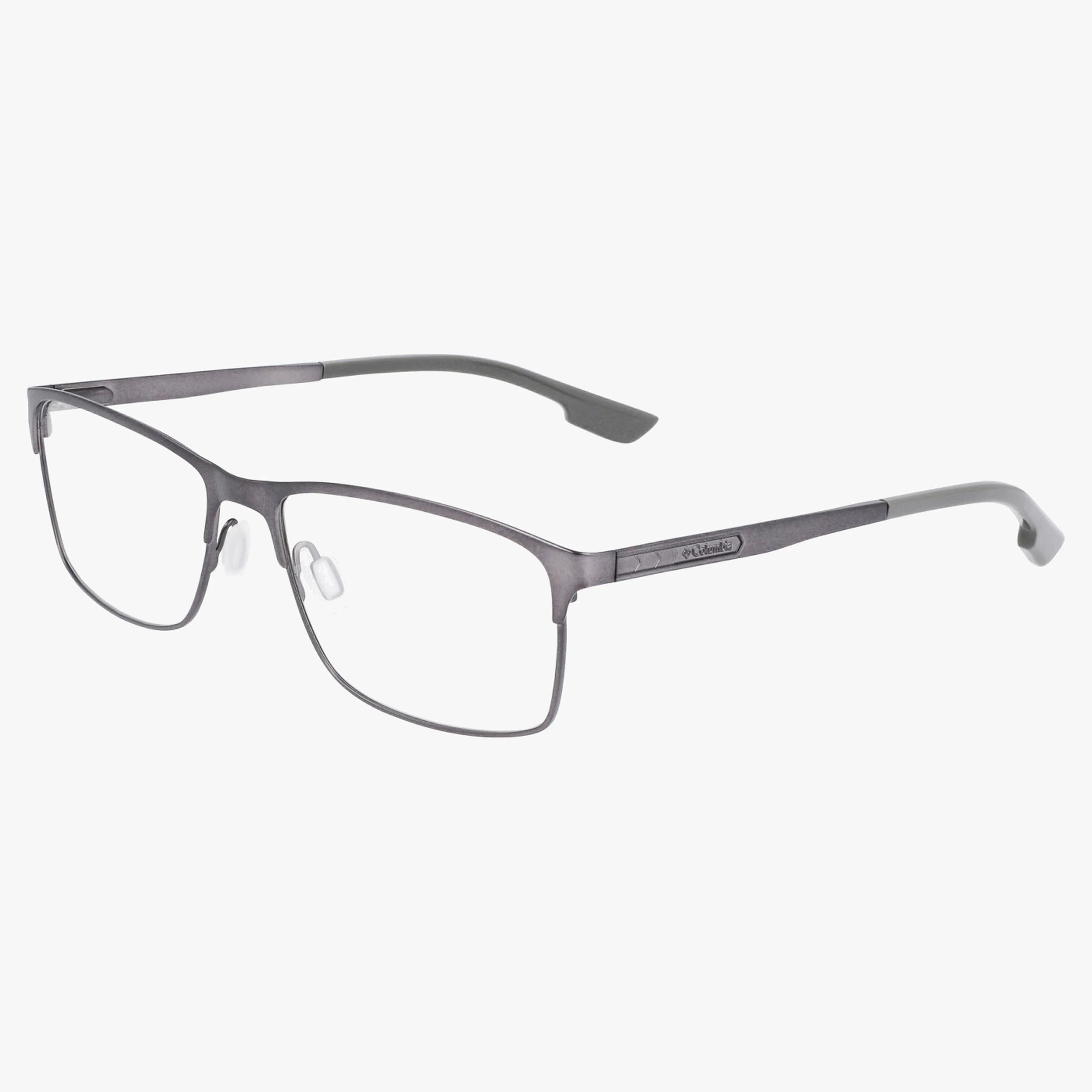 The Columbia C3038N eyeglasses feature a rectangular silver metal frame with thin edges and adjustable nose pads, offering a bold design for everyday wear. Shown on a white background.