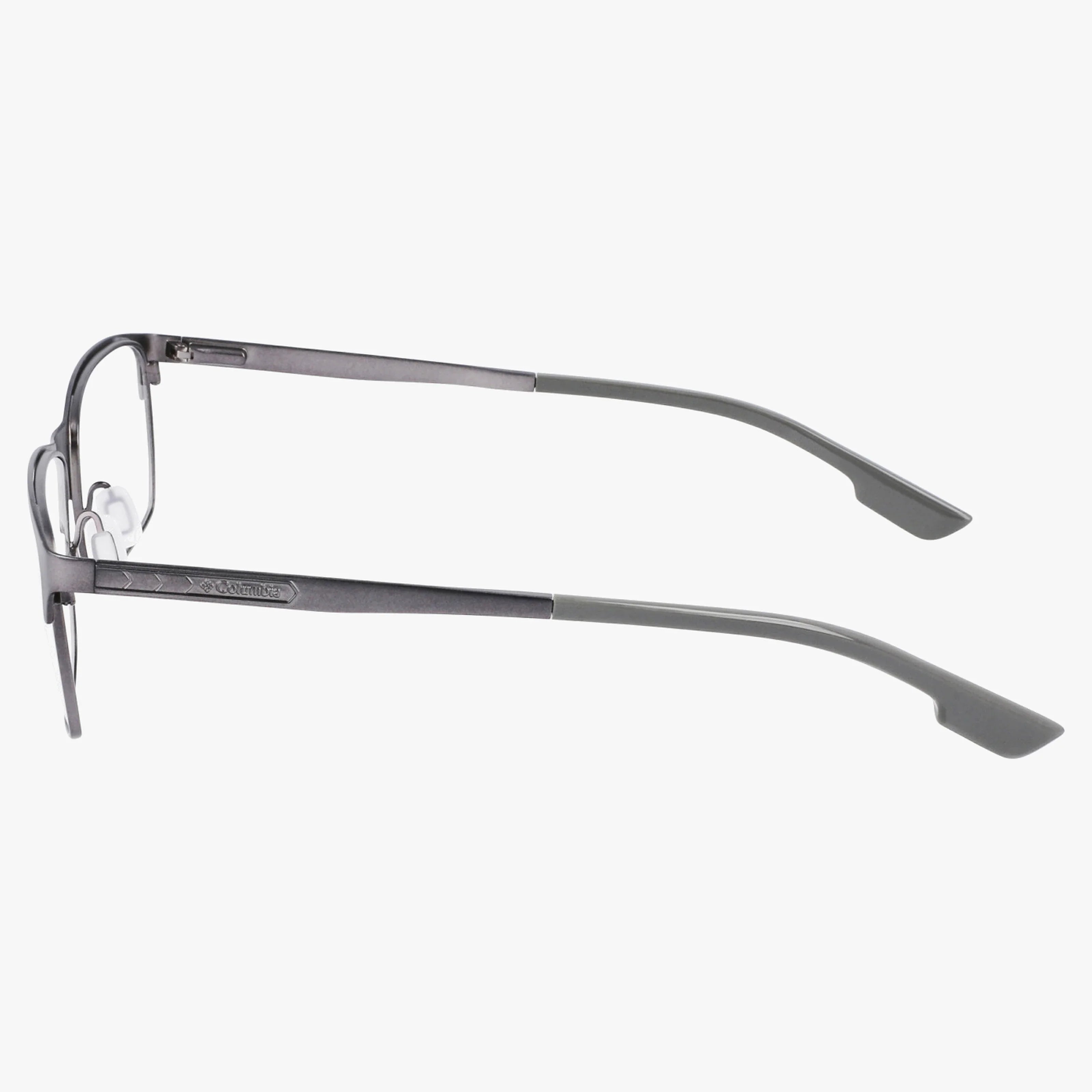 Side view of Columbia C3038N rectangular eyeglasses with thin metallic gray frames, straight temples, adjustable nose pads, and curved earpieces—a sleek, everyday design set against a plain white background.