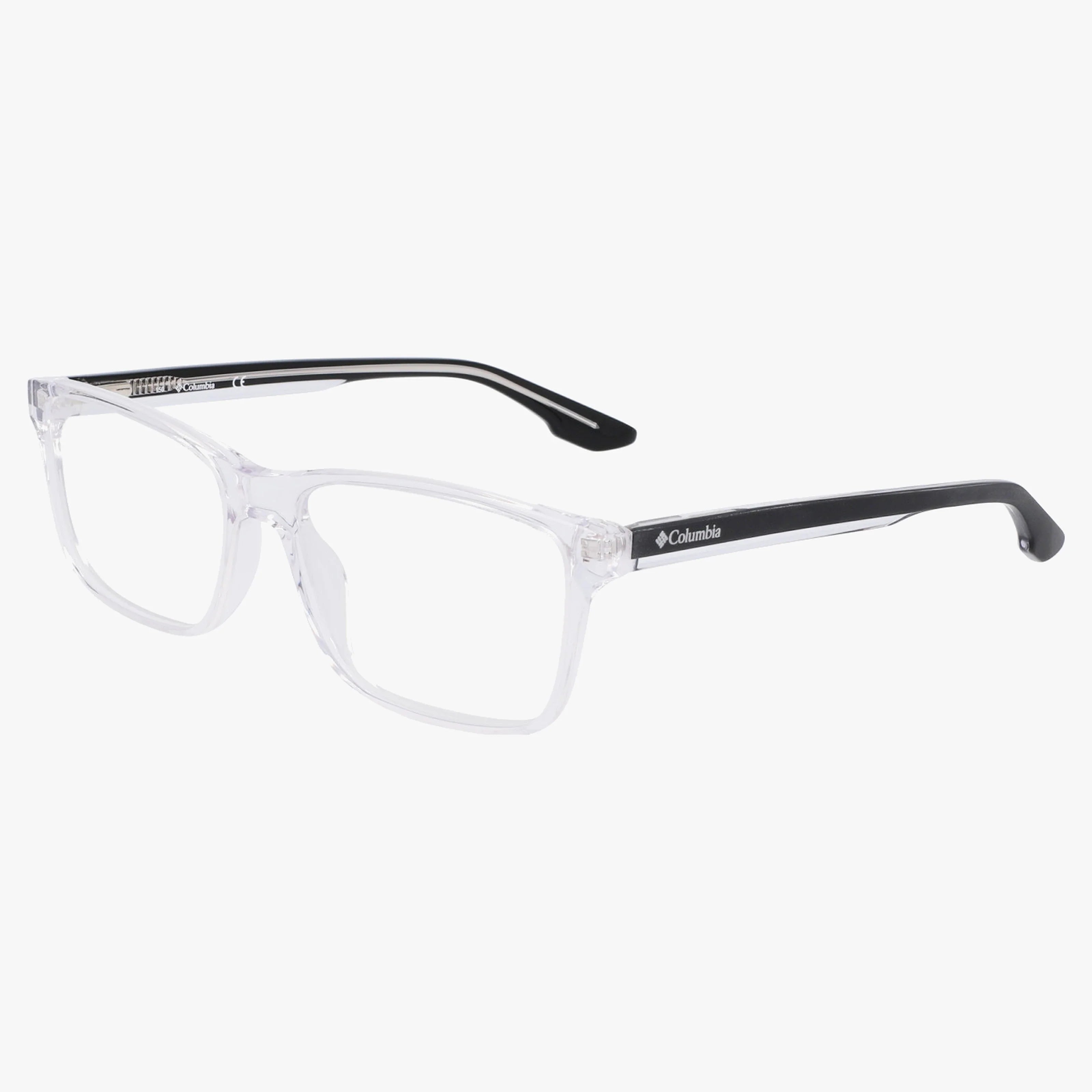 The Columbia C8036N eyeglasses feature clear, rectangular, lightweight frames with black arms and the Columbia logo on the side. Shown on a white background to highlight their quality craftsmanship.